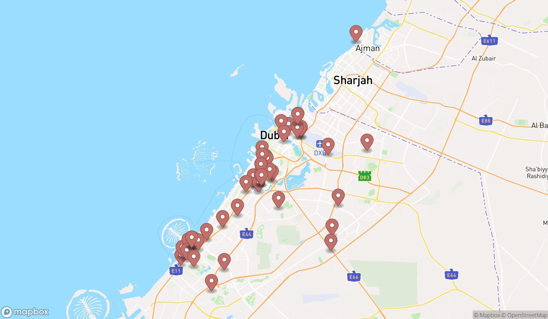 Map showing the search results in Dubai