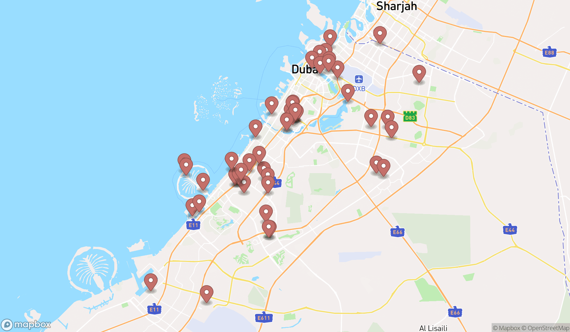 Map showing the search results in Dubai