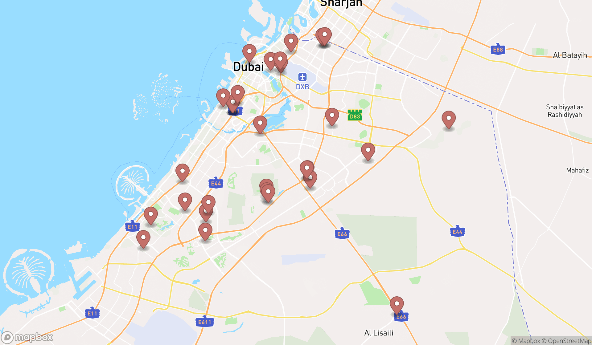 Map showing the search results in Dubai