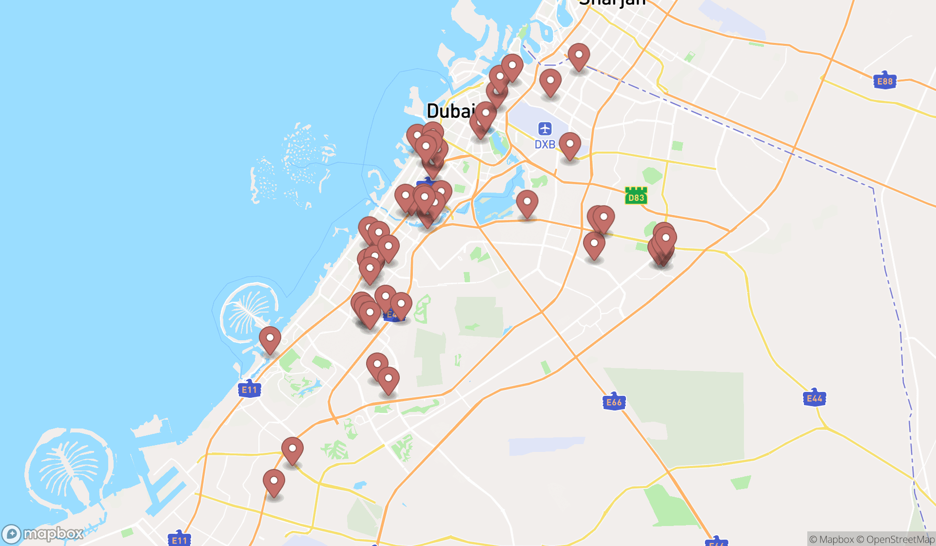 Map showing the search results in Dubai