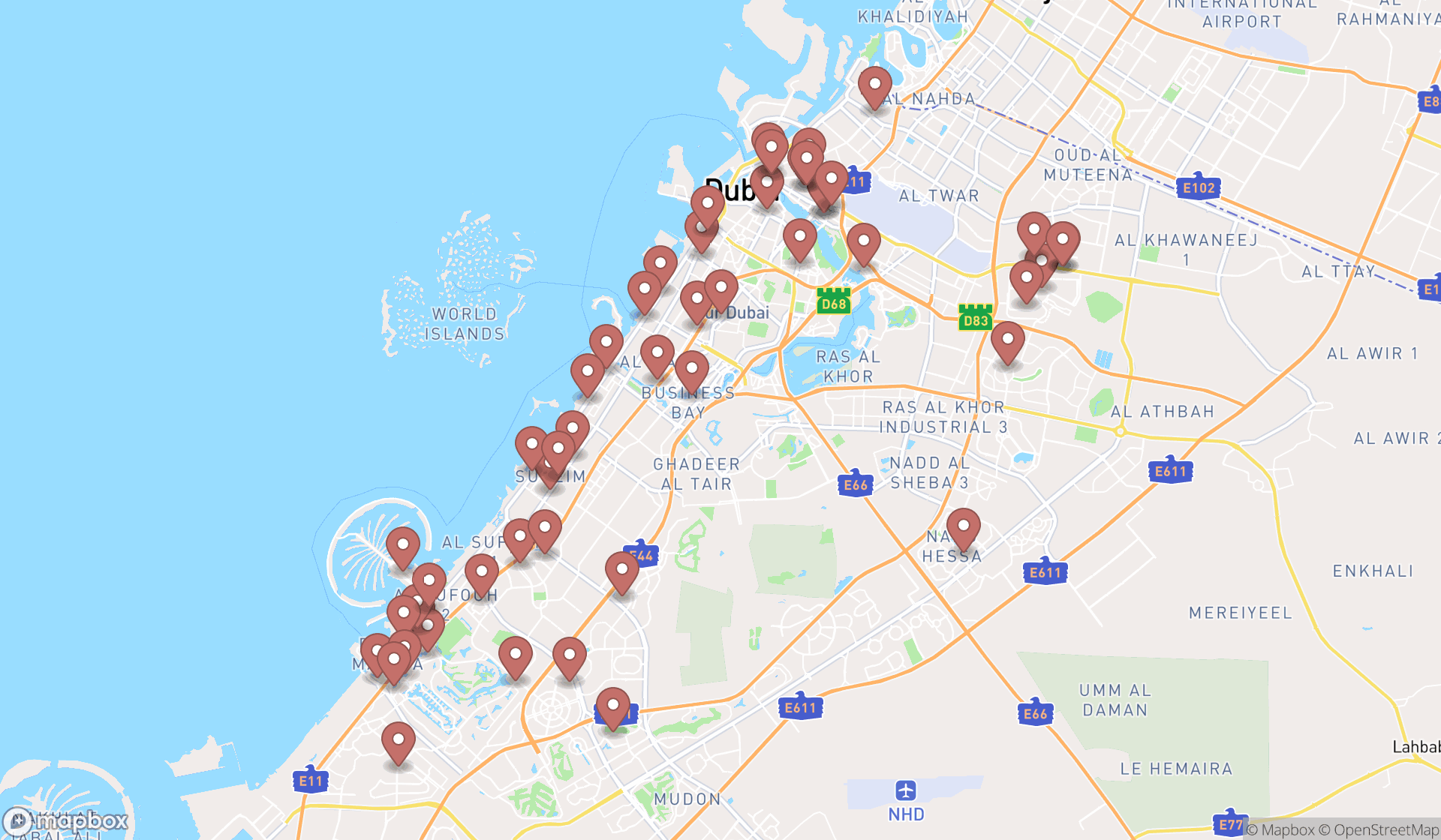 Map showing the search results in Dubai