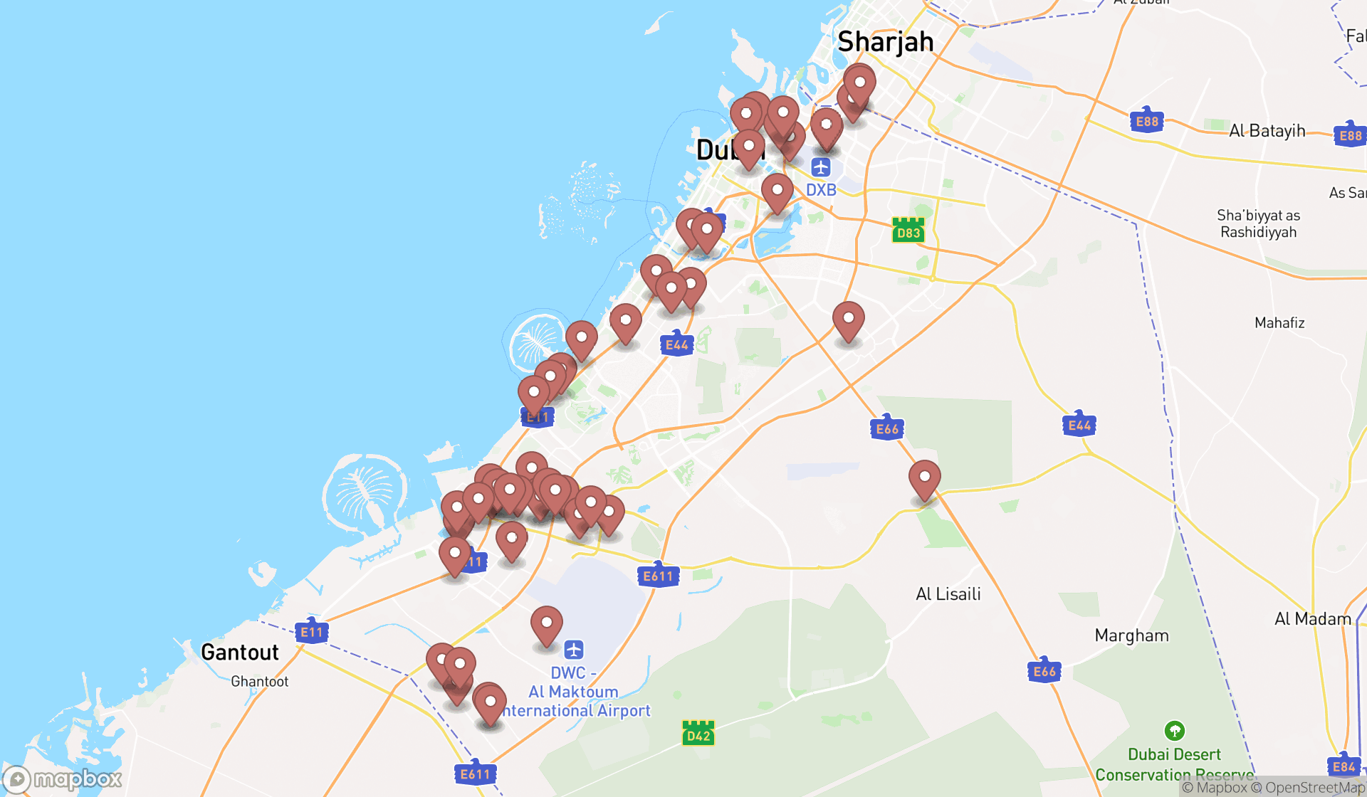 Map showing the search results in Dubai
