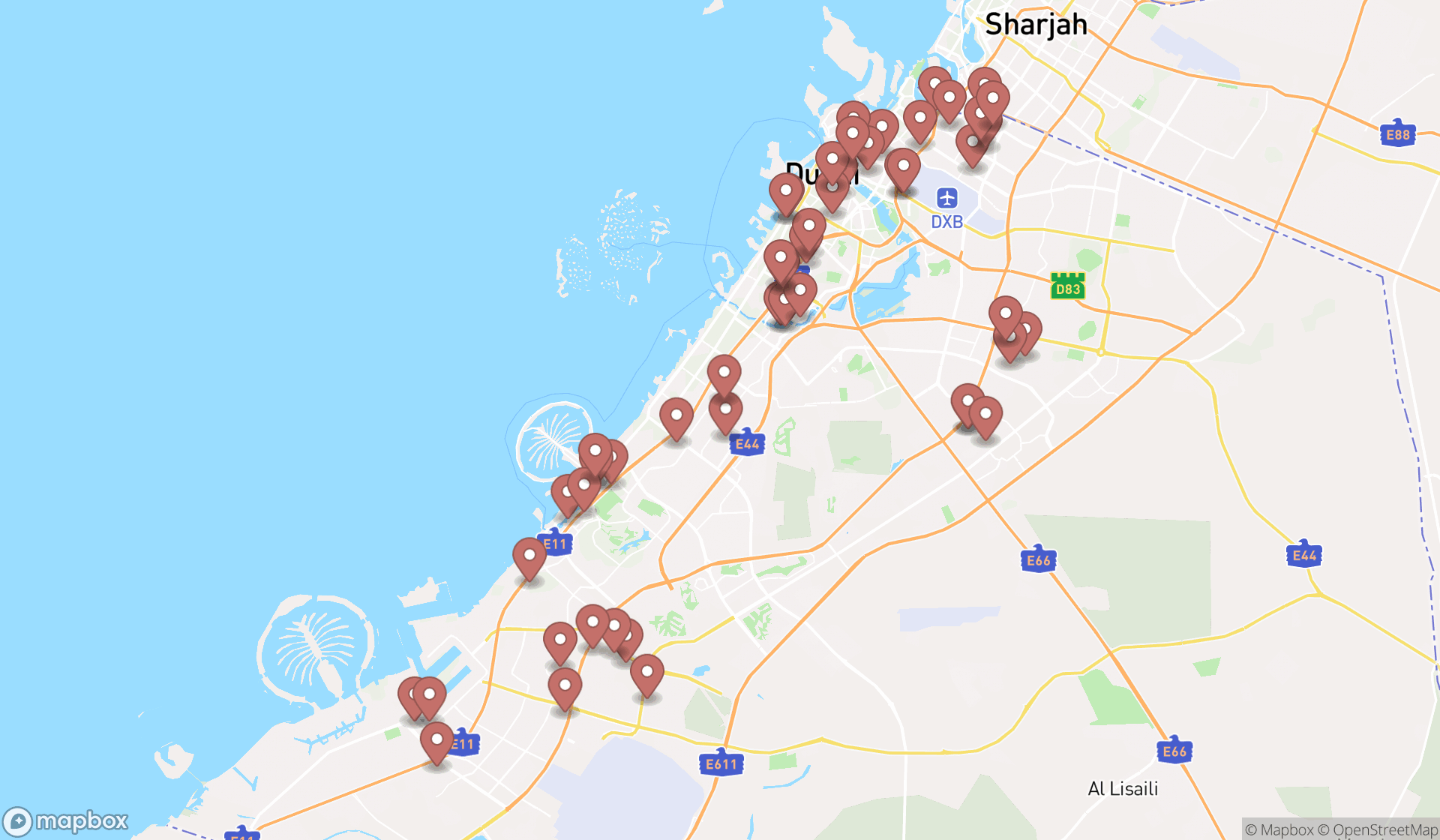 Map showing the search results in Dubai