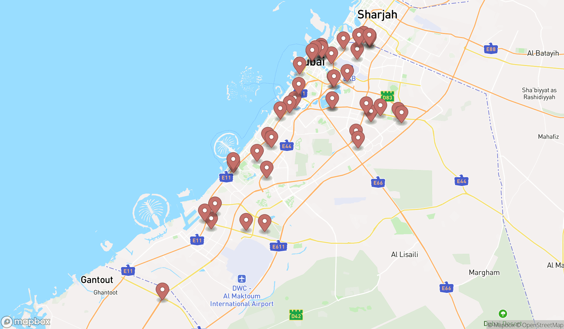 Map showing the search results in Dubai