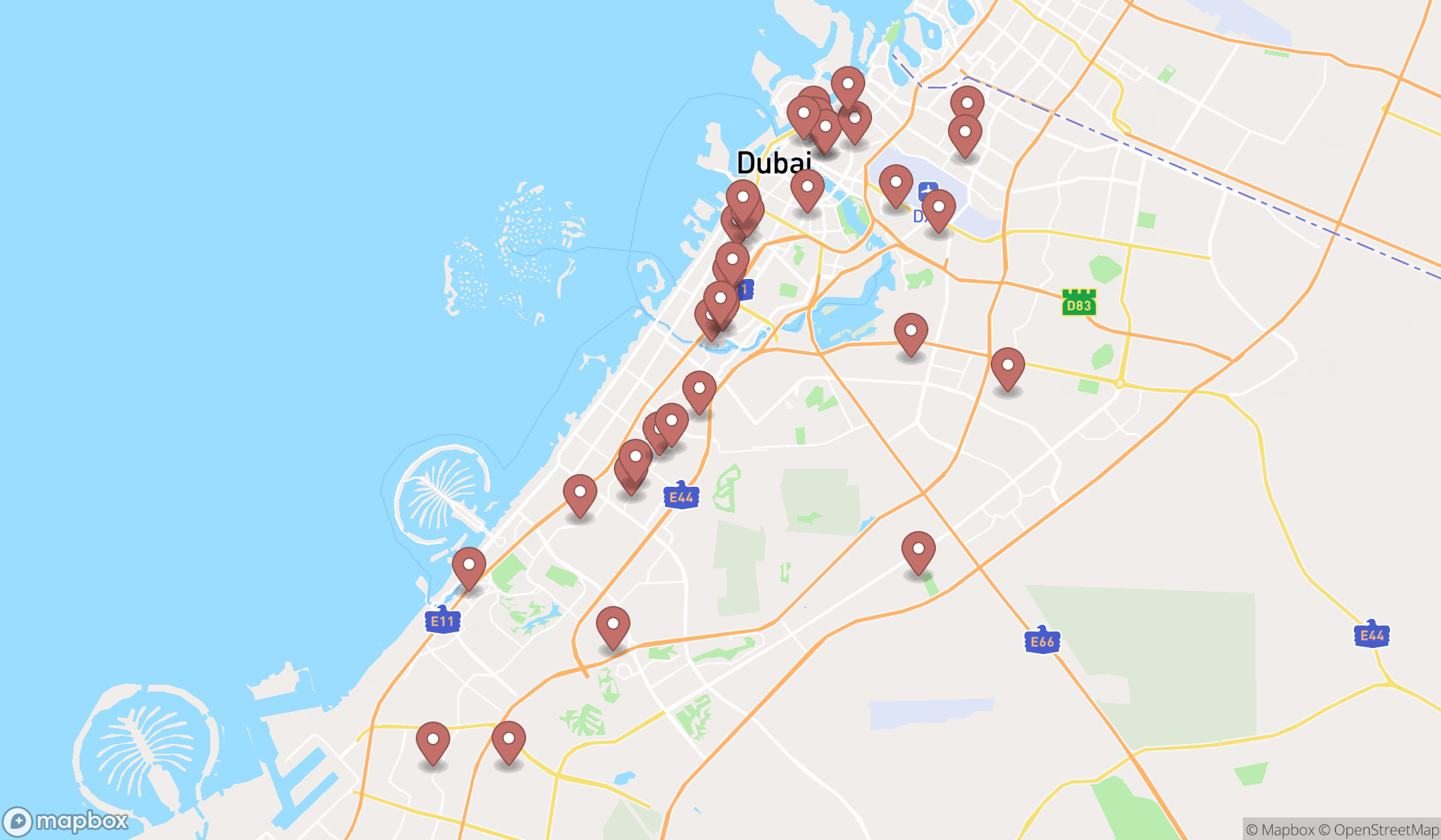 Map showing the search results in Dubai