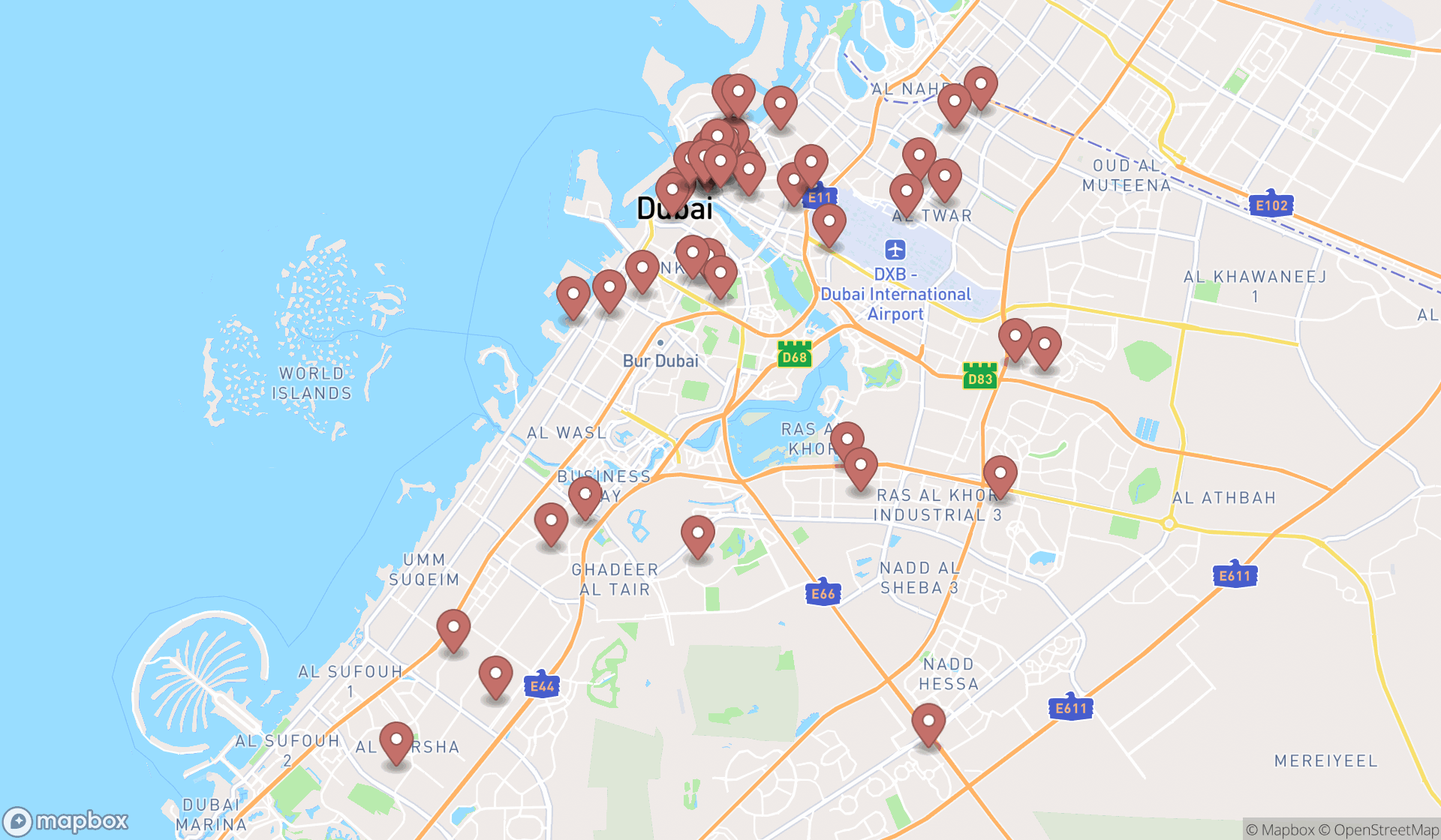 Map showing the search results in Dubai