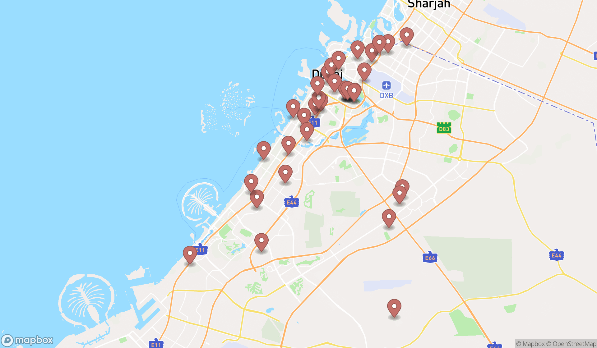 Map showing the search results in Dubai