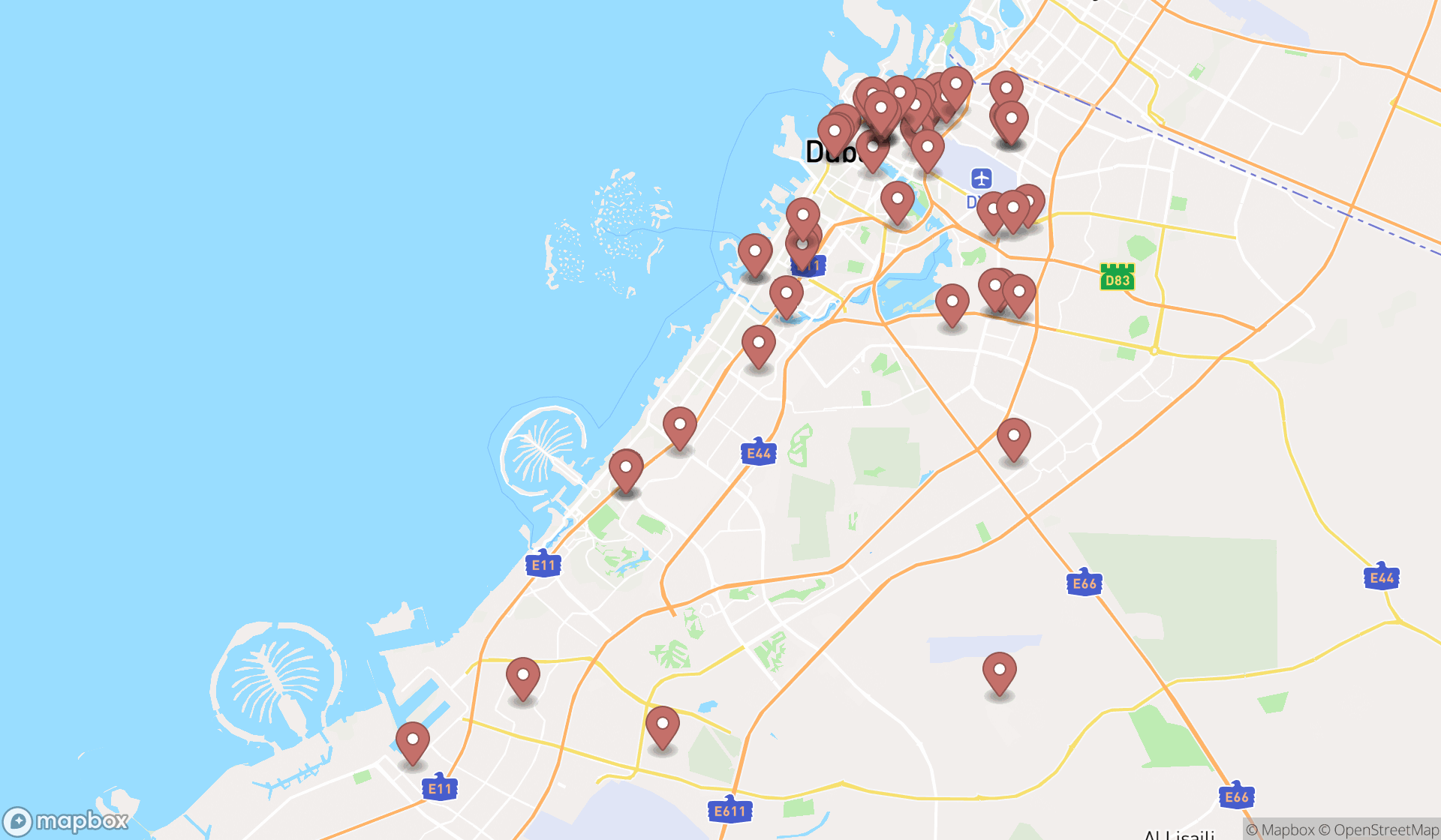 Map showing the search results in Dubai