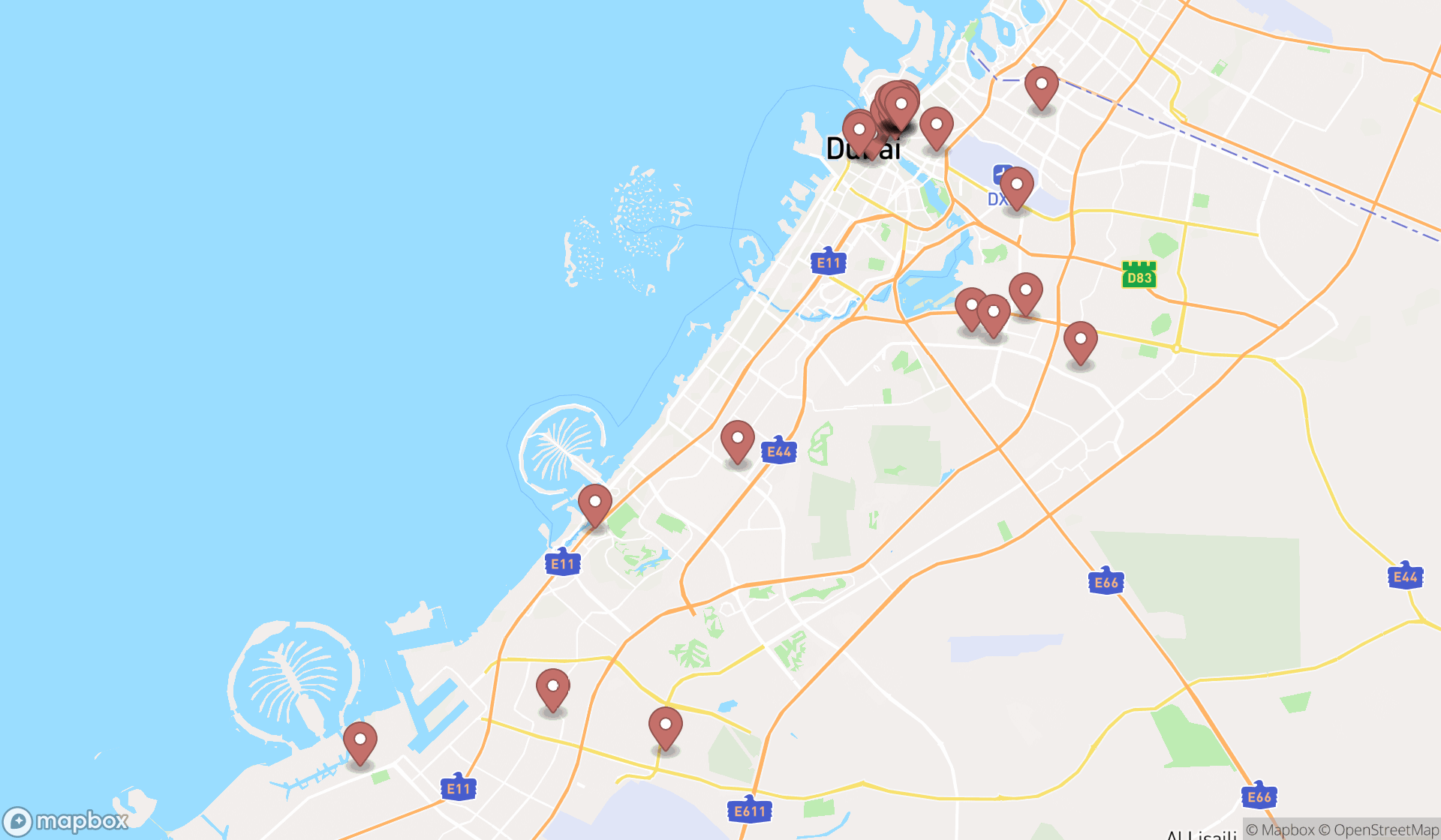 Map showing the search results in Dubai