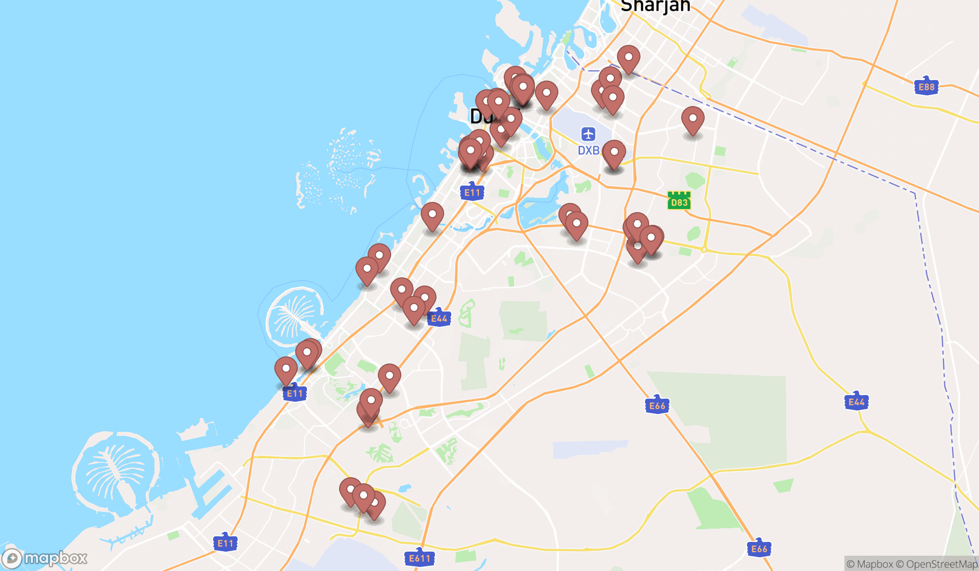 Map showing the search results in Dubai