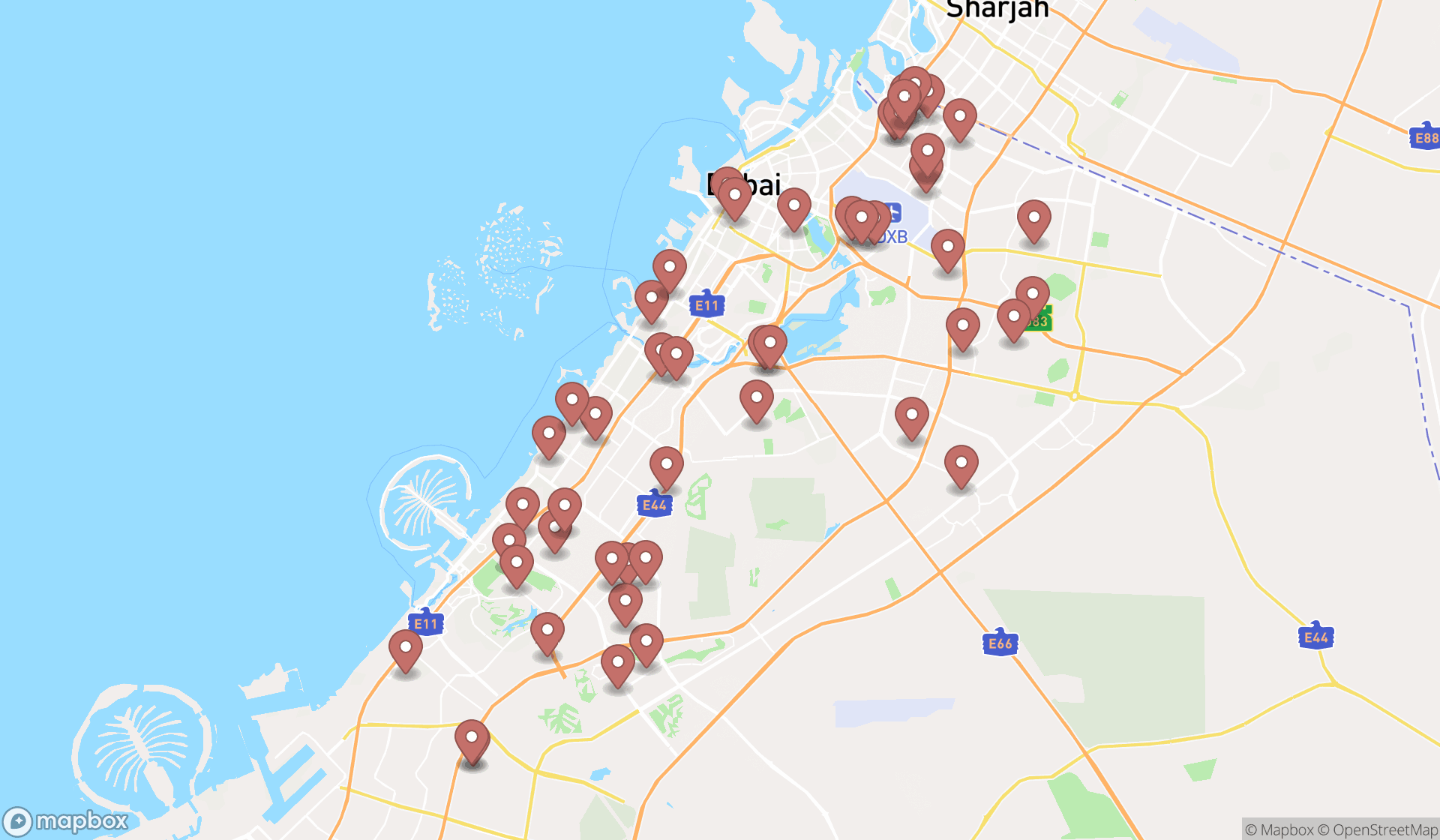 Map showing the search results in Dubai