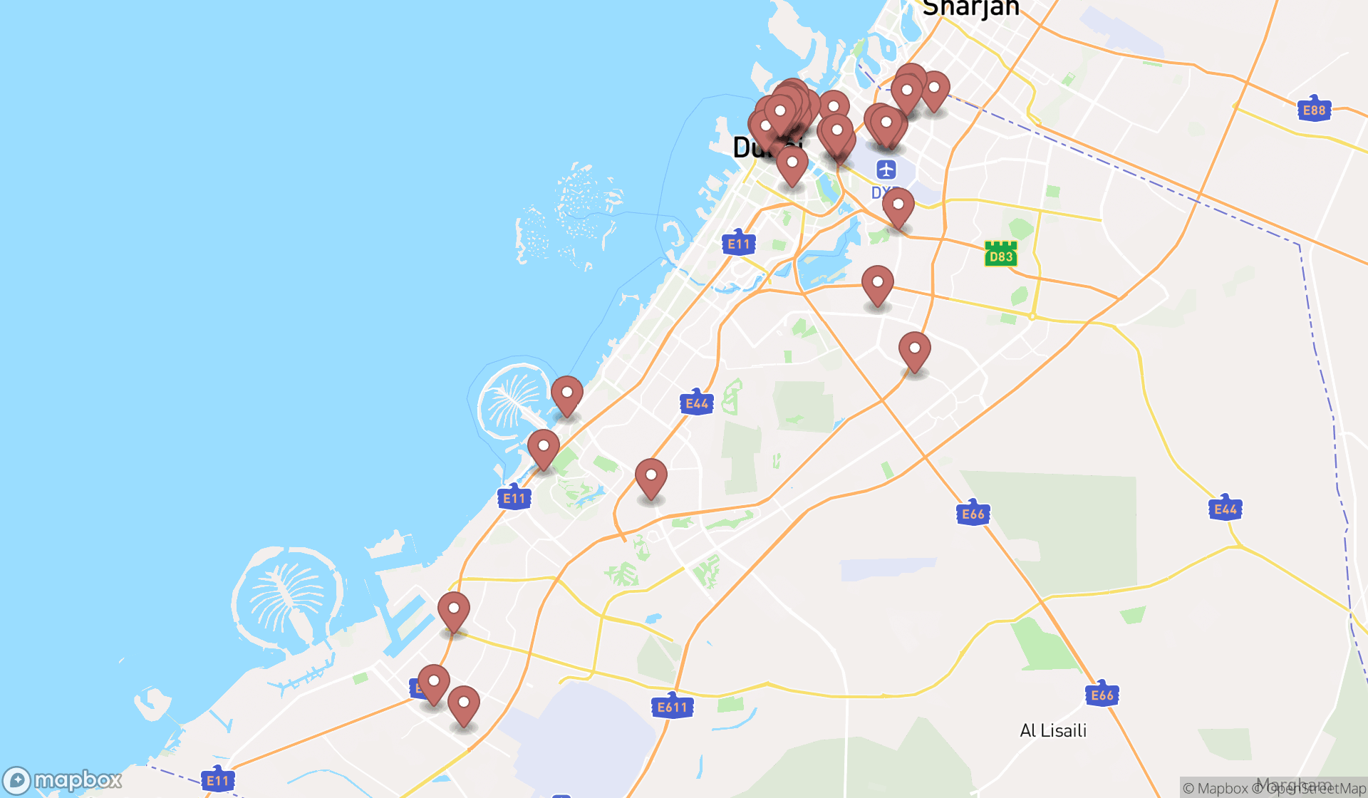 Map showing the search results in Dubai