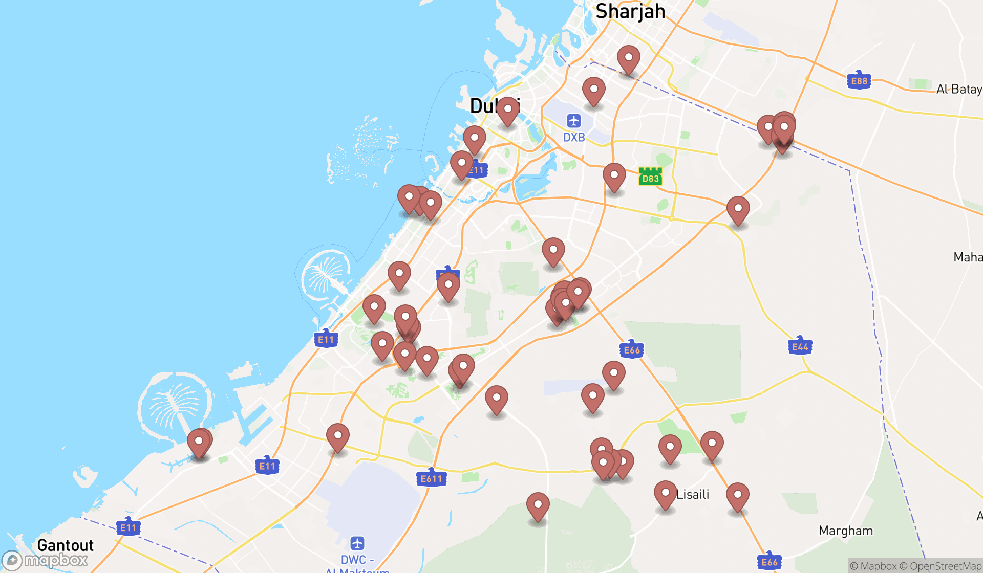 Map showing the search results in Dubai