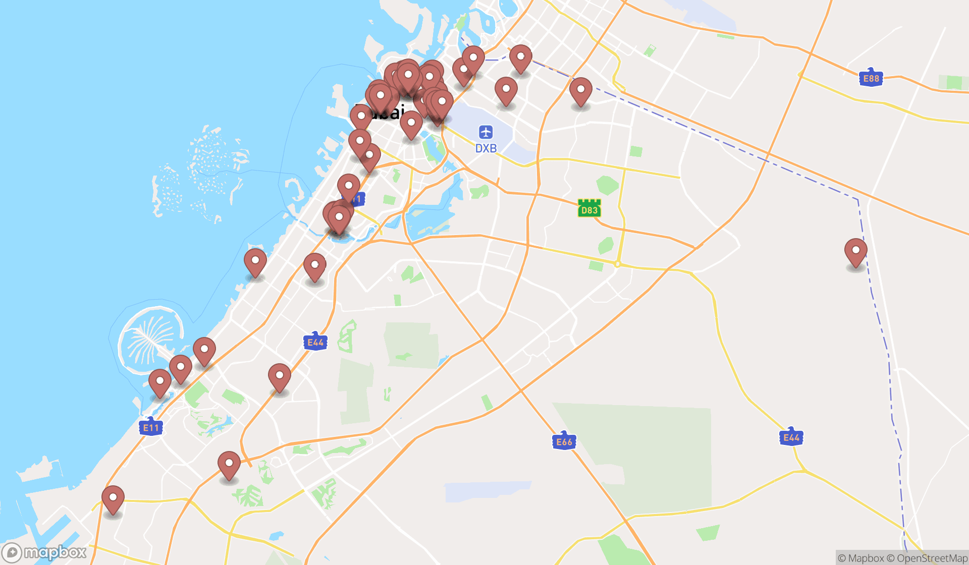 Map showing the search results in Dubai
