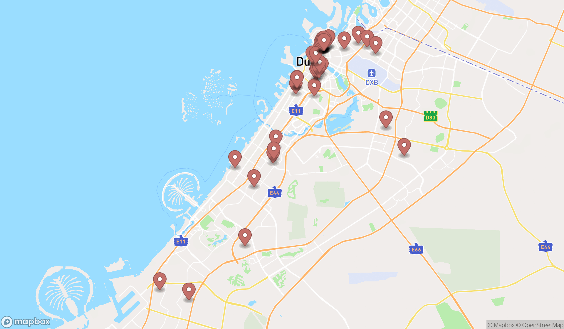 Map showing the search results in Dubai