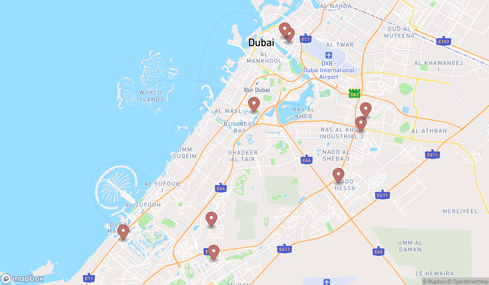 Map showing the search results in Dubai
