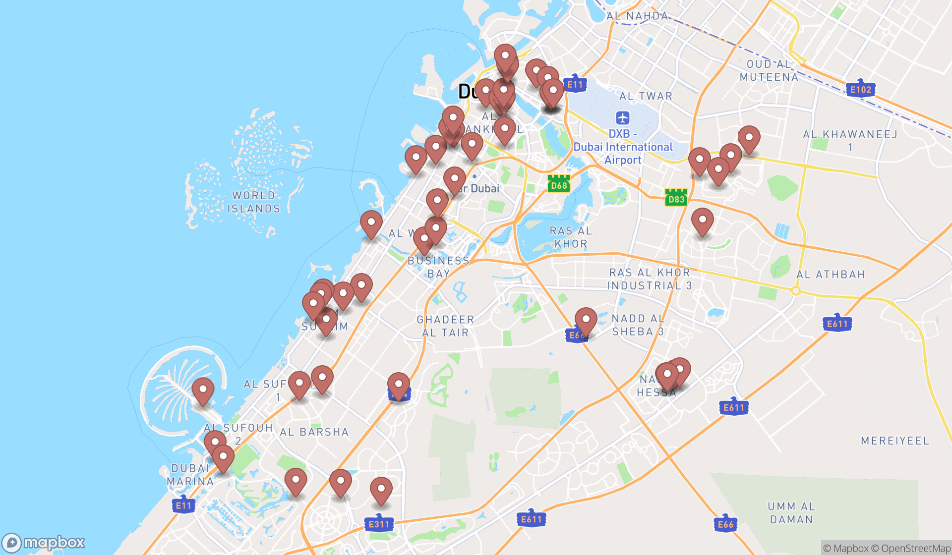 Map showing the search results in Dubai