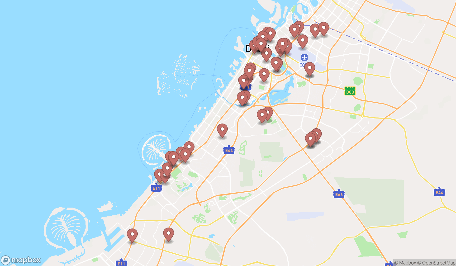 Map showing the search results in Dubai