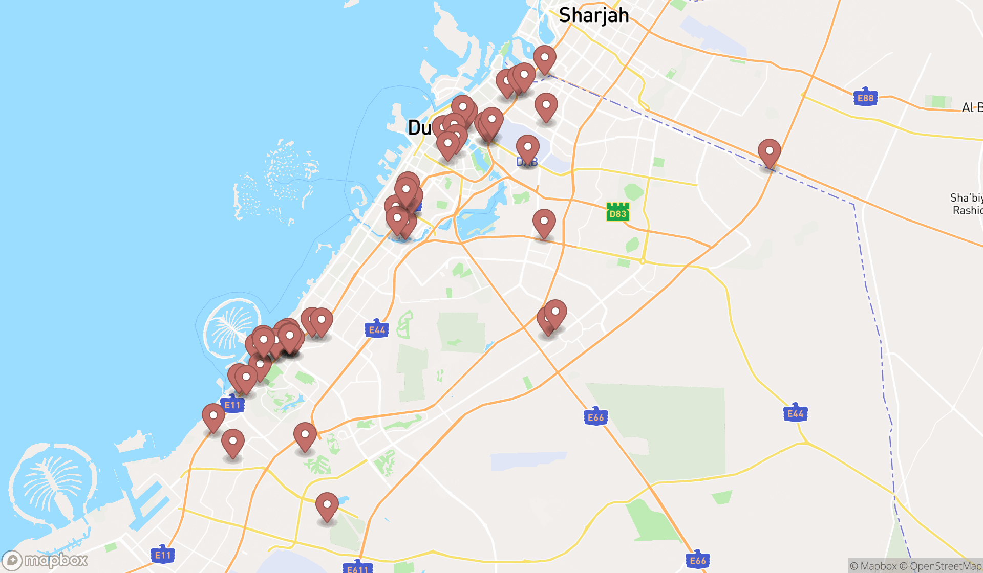 Map showing the search results in Dubai