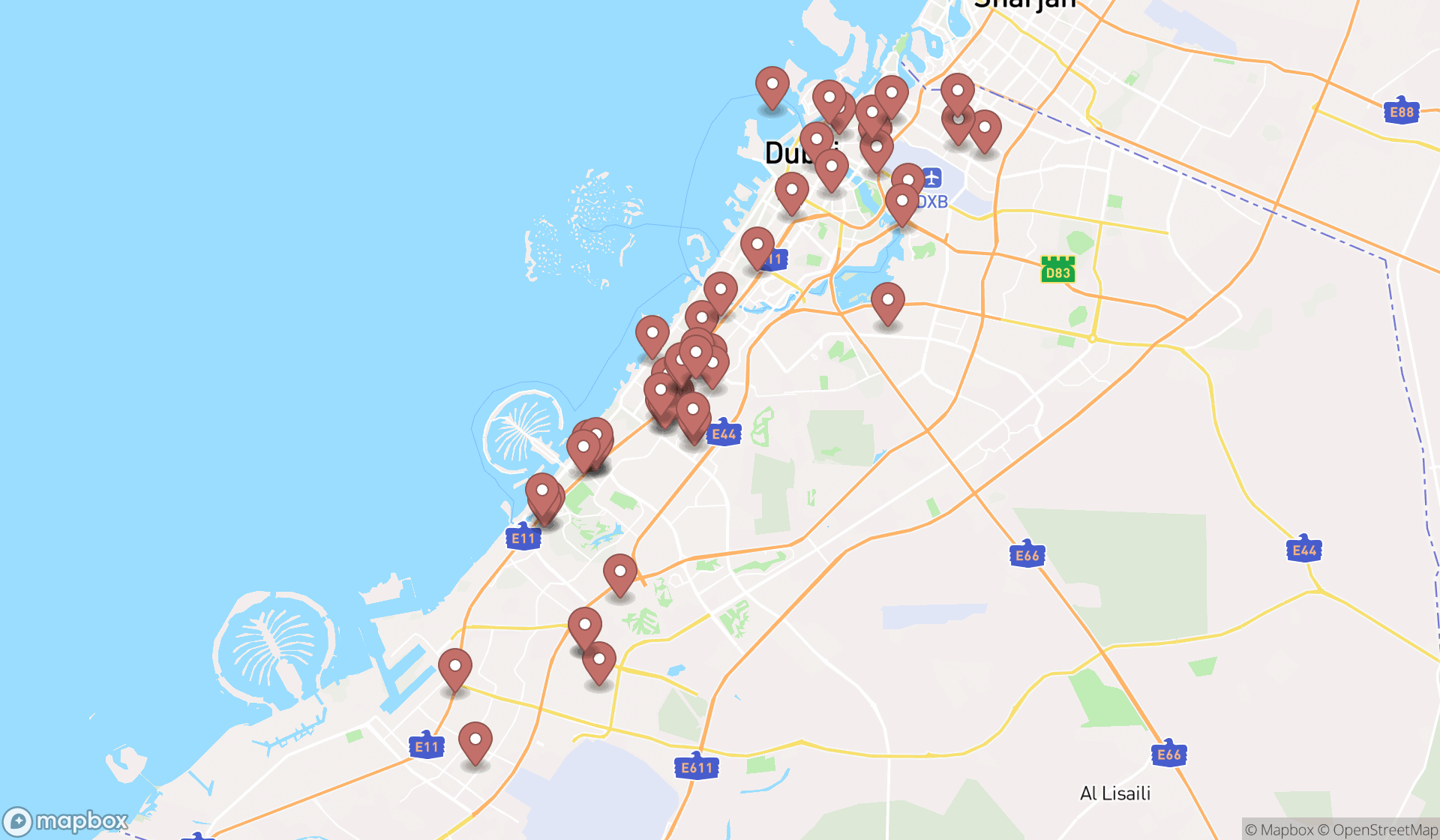 Map showing the search results in Dubai