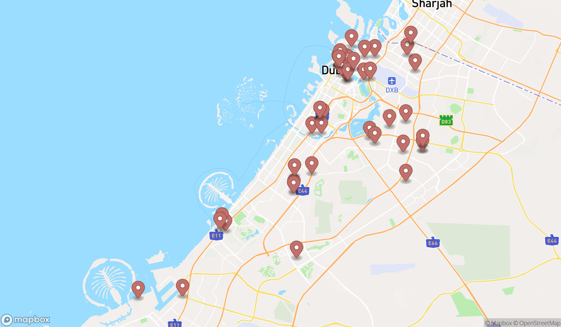 Map showing the search results in Dubai