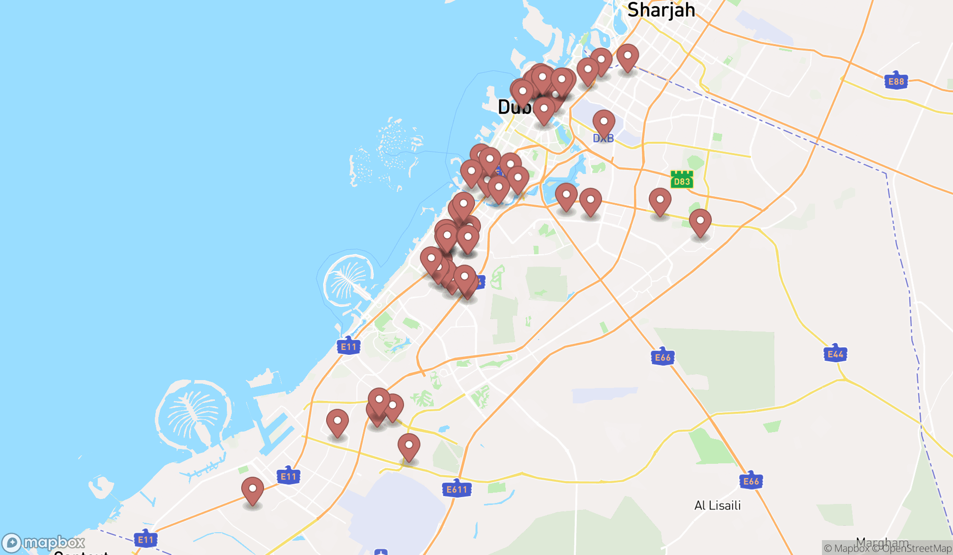 Map showing the search results in Dubai