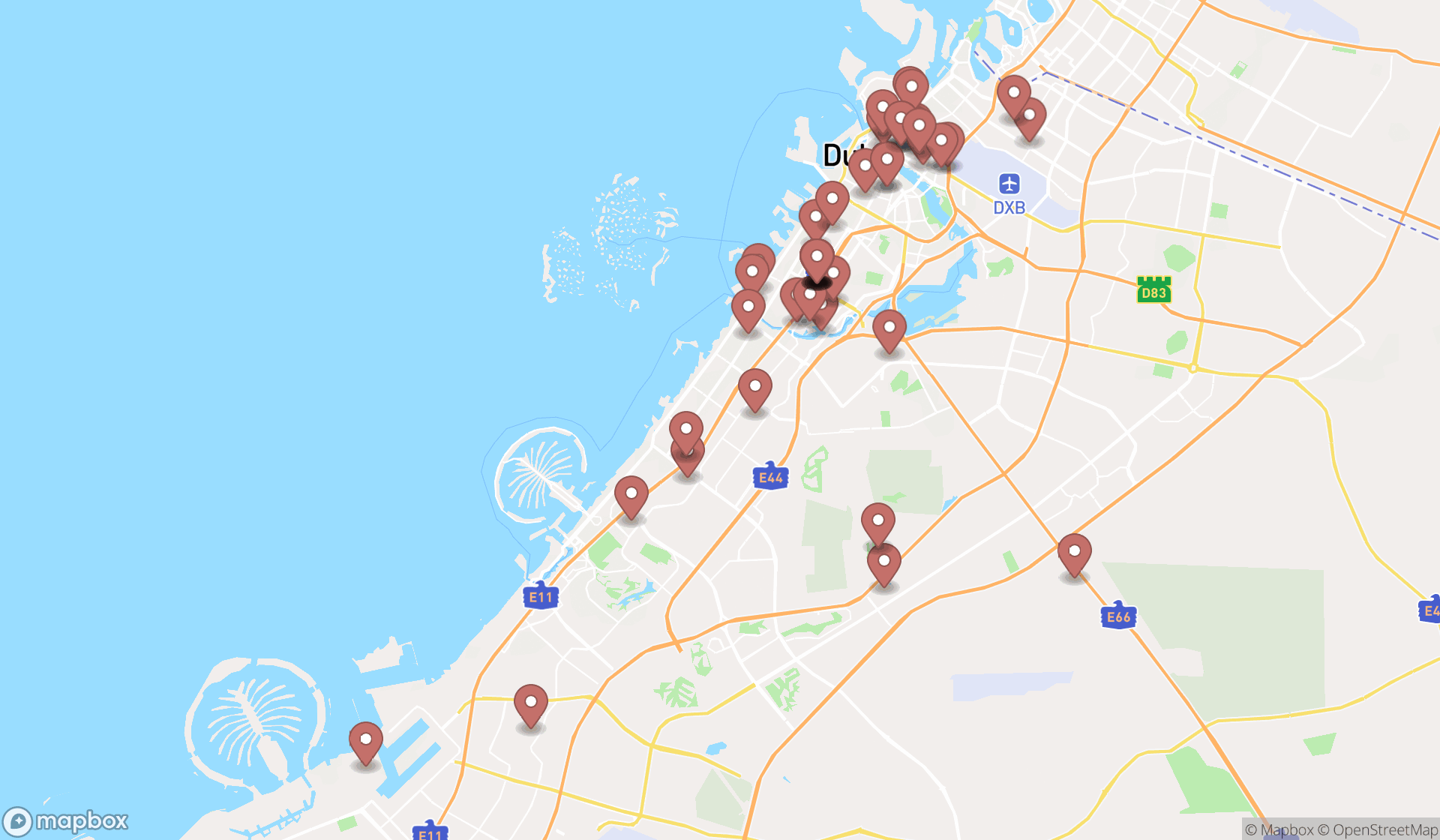 Map showing the search results in Dubai