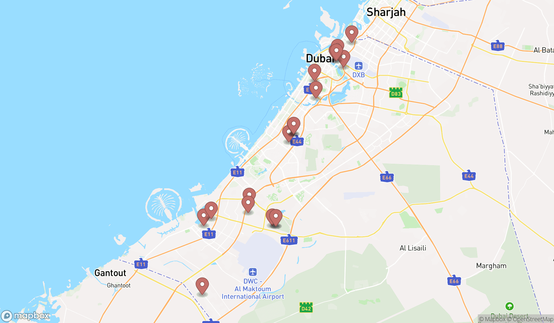 Map showing the search results in Dubai