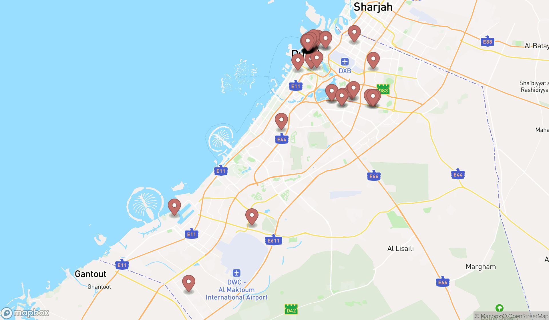 Map showing the search results in Dubai