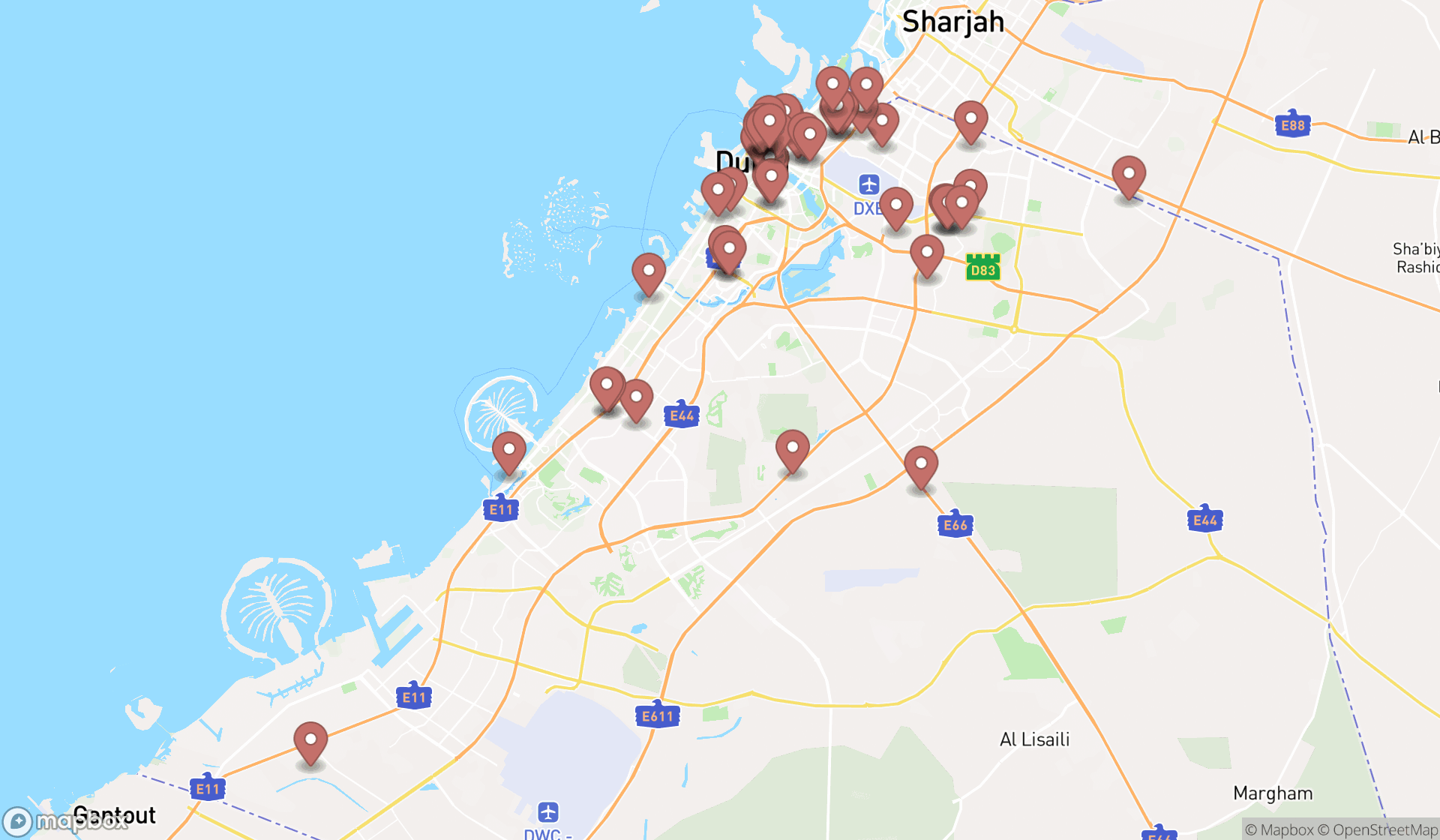 Map showing the search results in Dubai