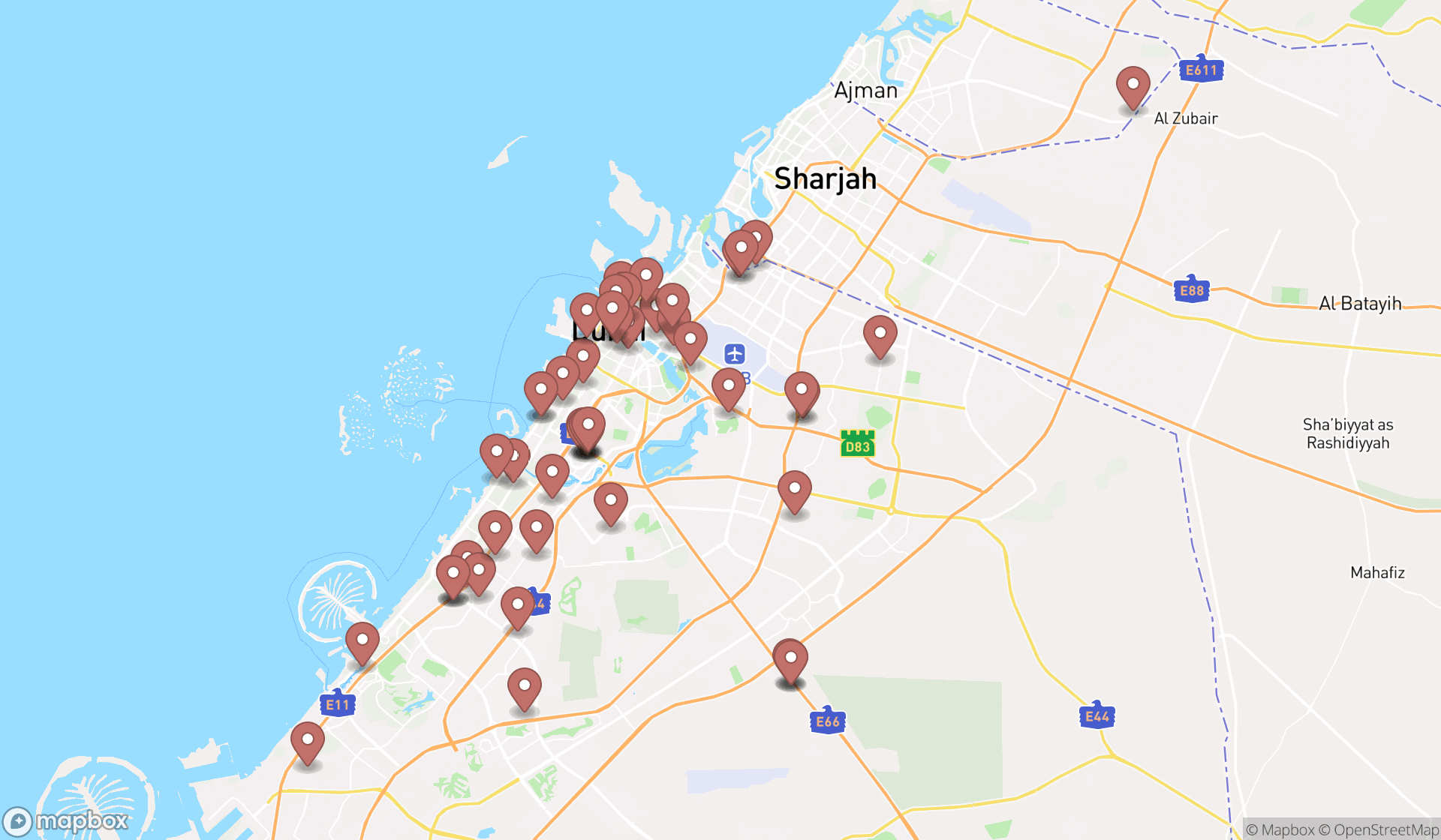 Map showing the search results in Dubai