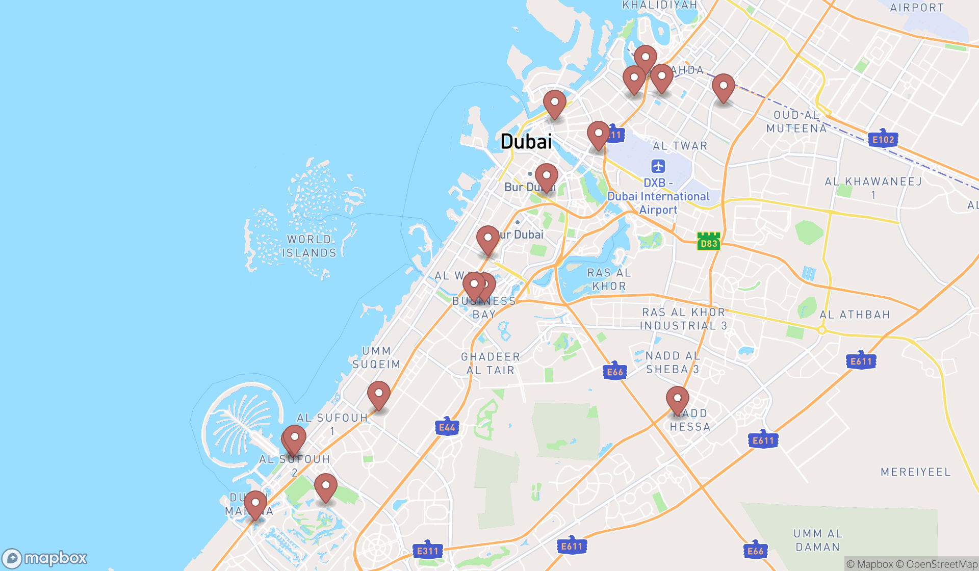 Map showing the search results in Dubai