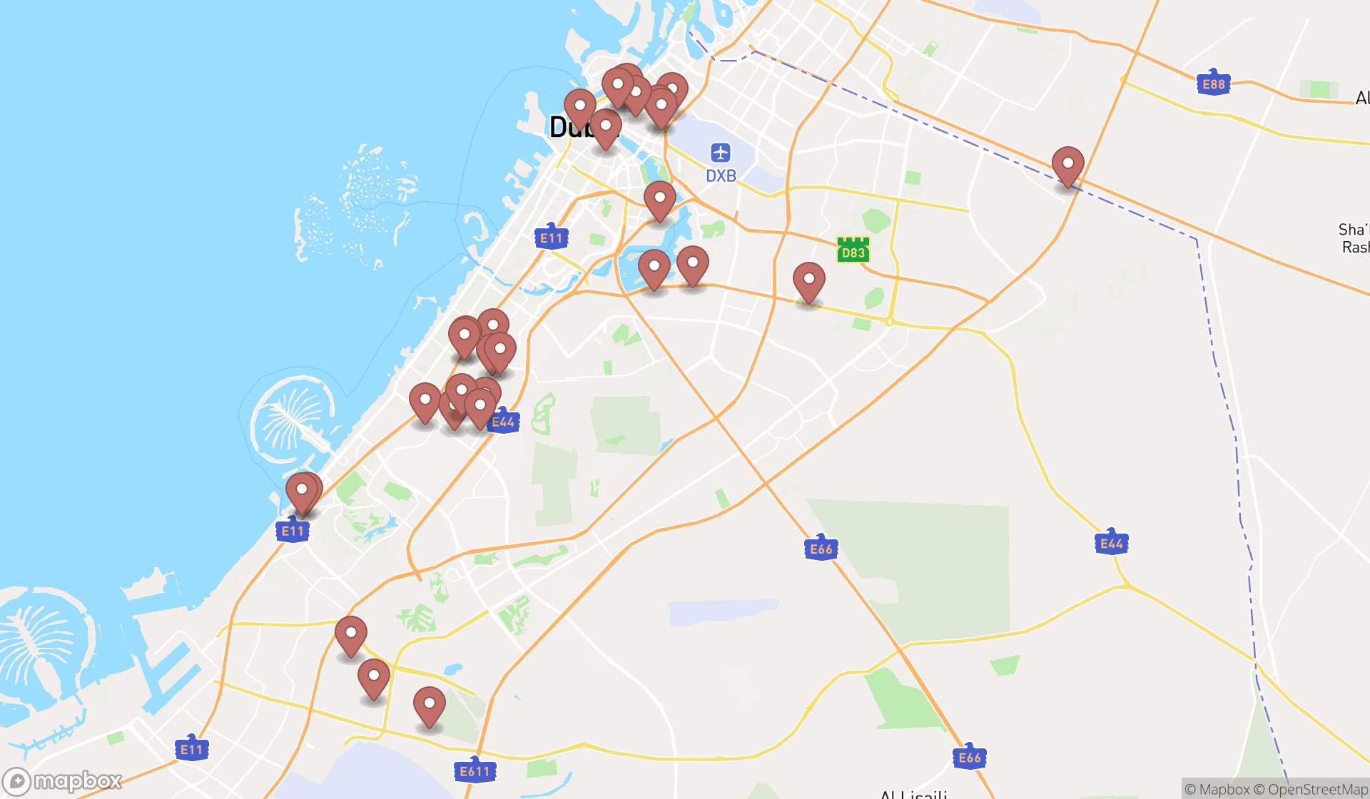 Map showing the search results in Dubai