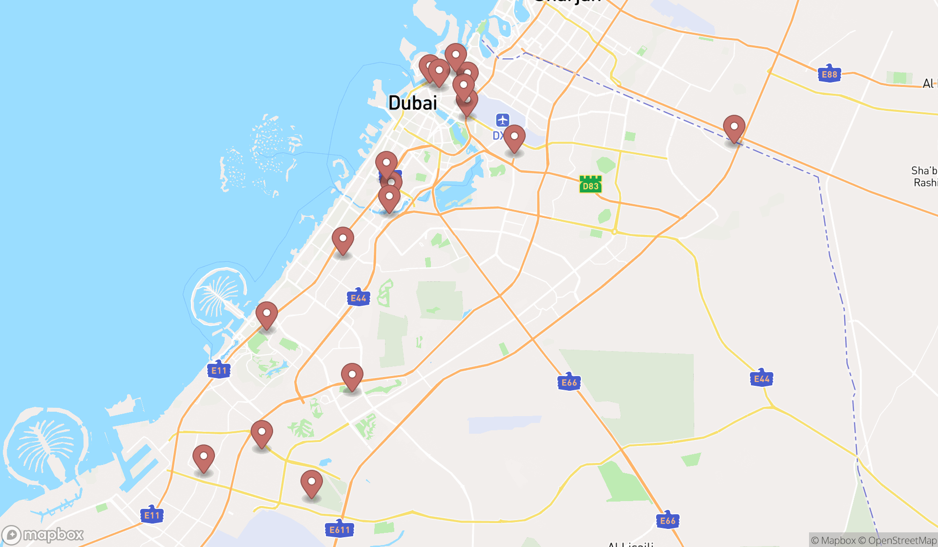 Map showing the search results in Dubai