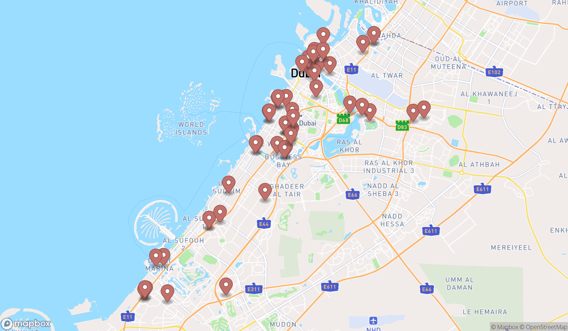 Map showing the search results in Dubai