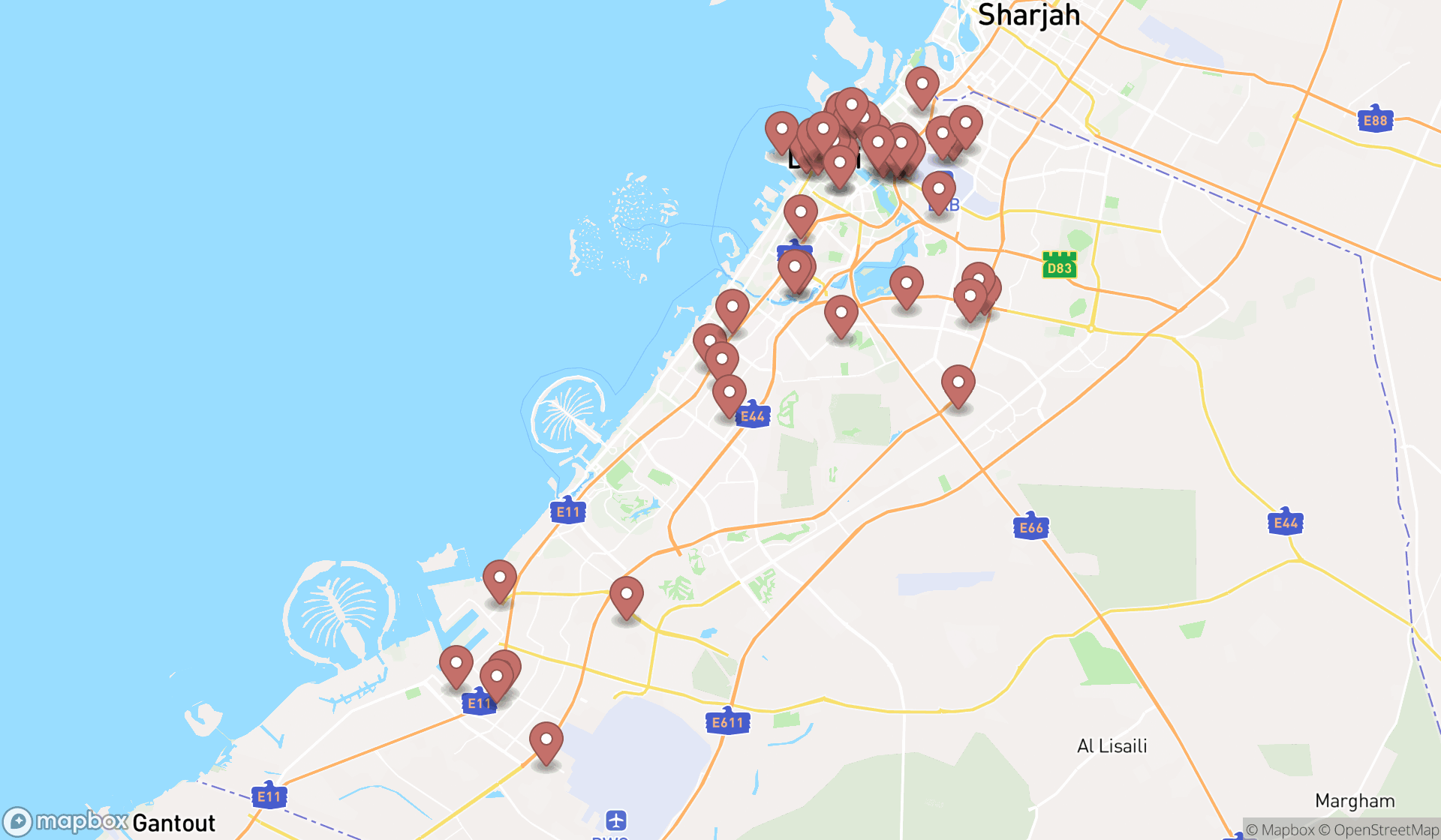Map showing the search results in Dubai