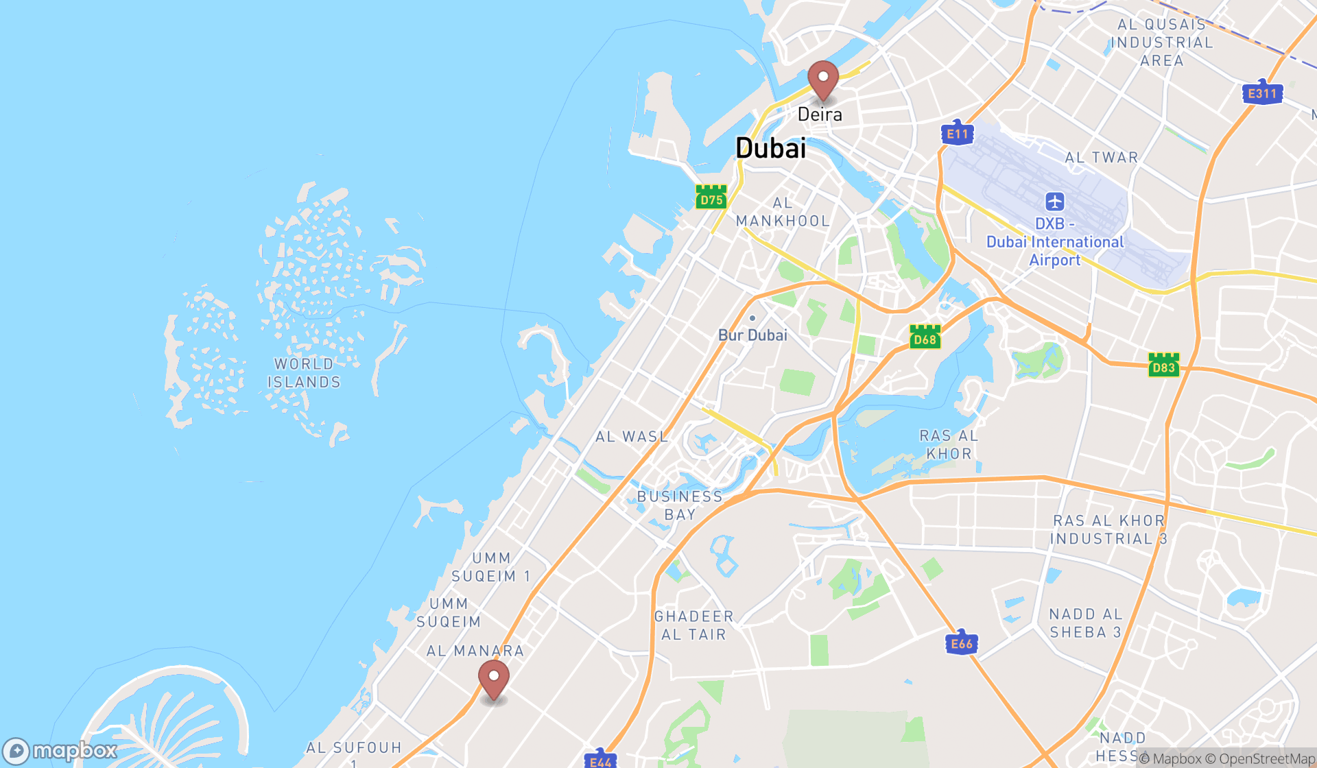Map showing the search results in Dubai