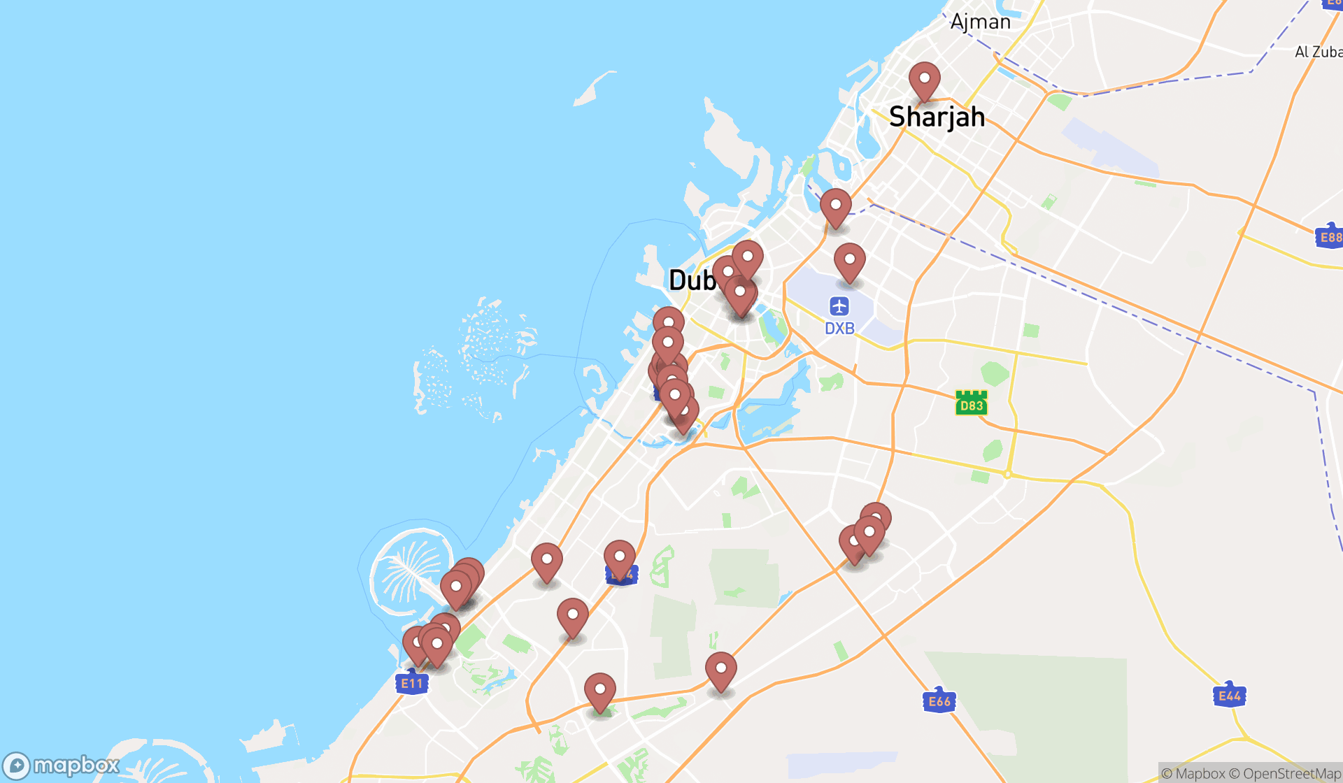 Map showing the search results in Dubai