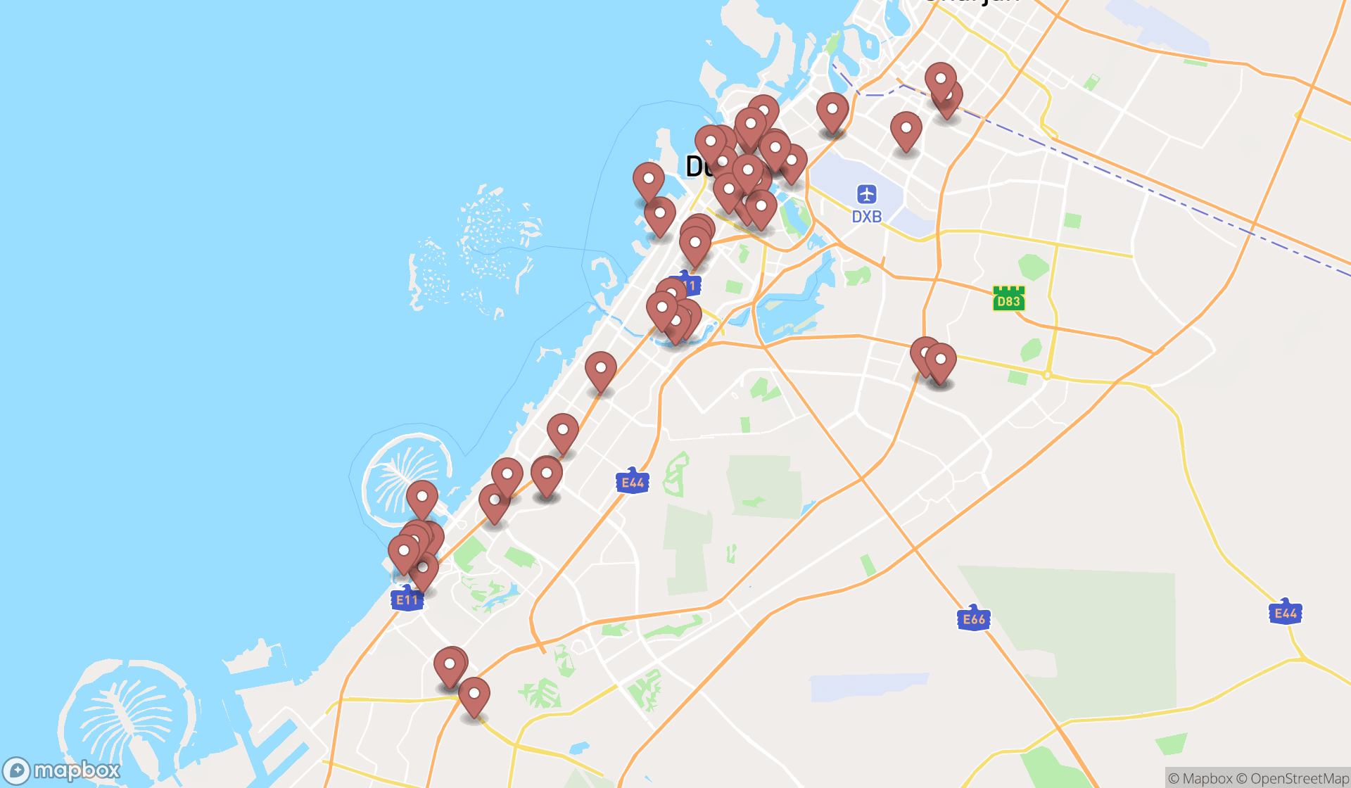 Map showing the search results in Dubai