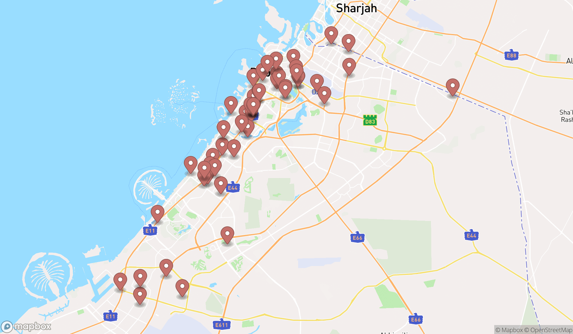 Map showing the search results in Dubai