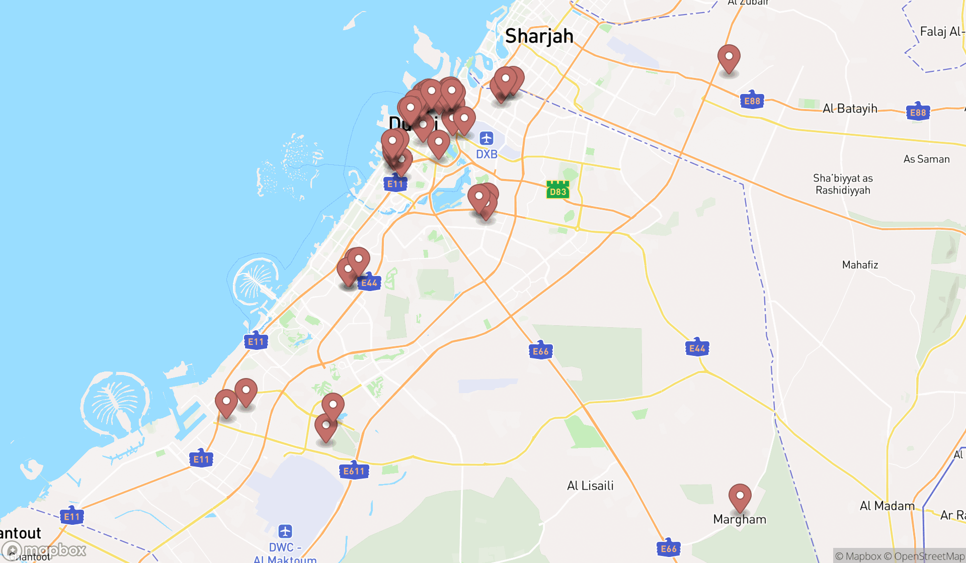 Map showing the search results in Dubai