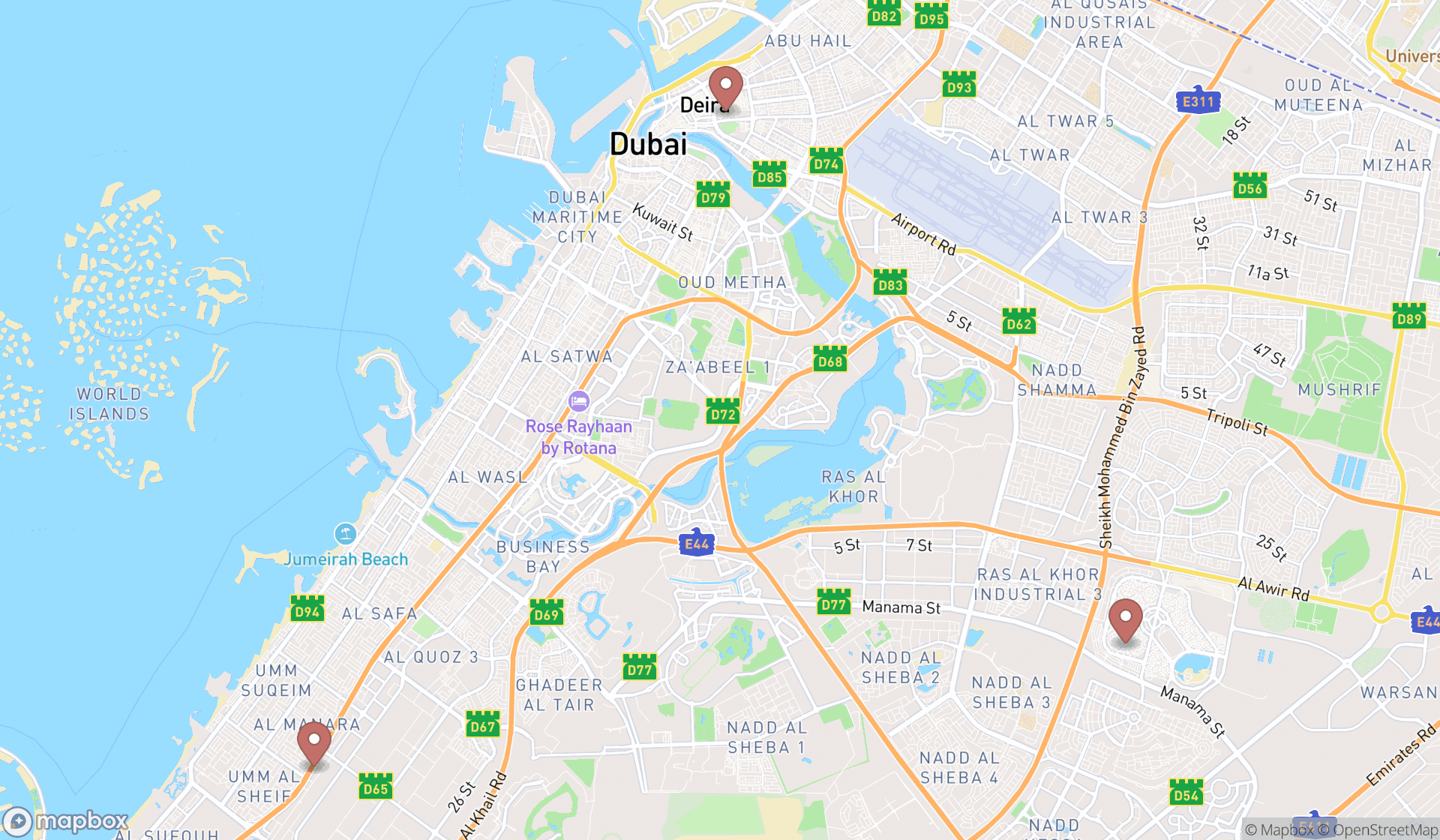 Map showing the search results in Dubai