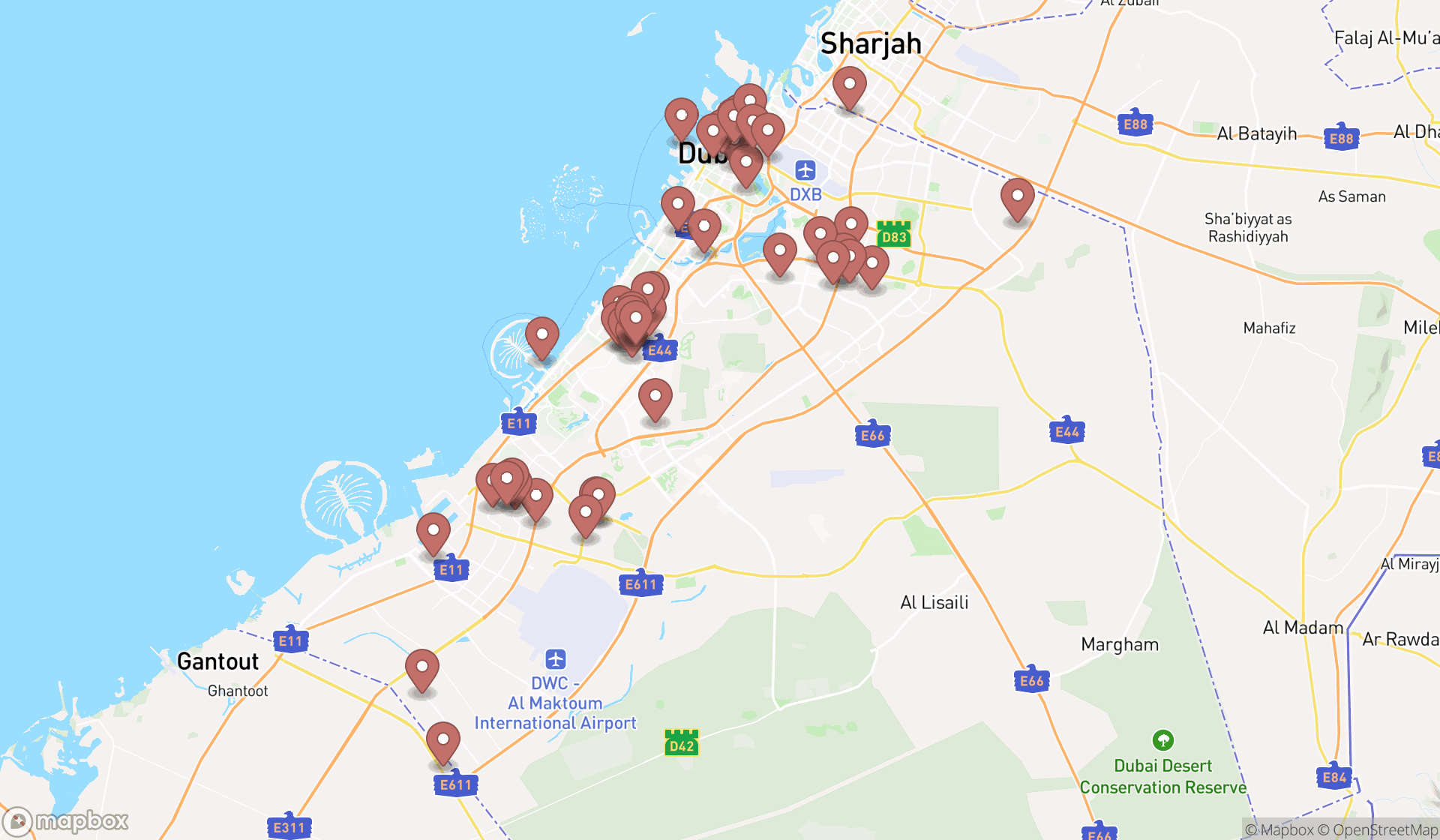 Map showing the search results in Dubai