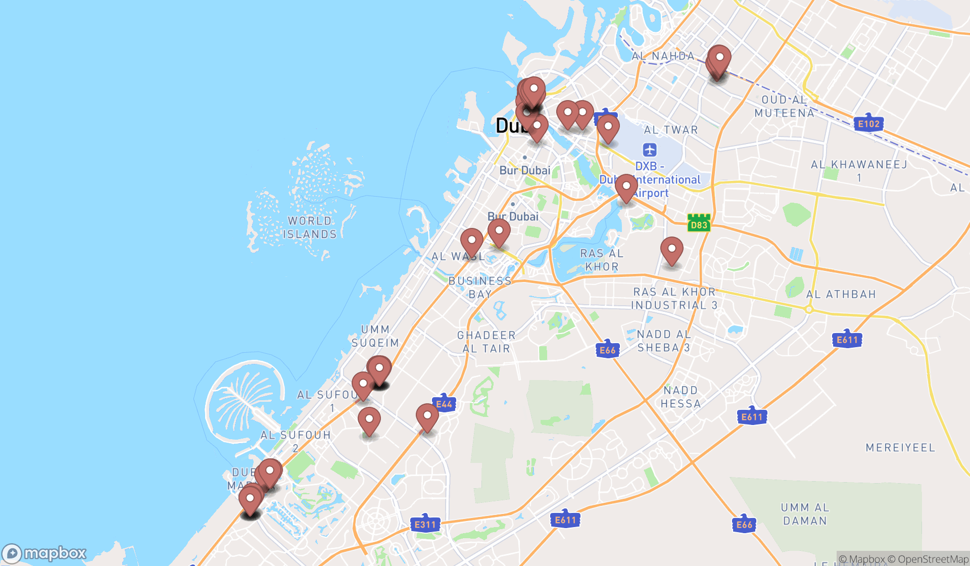 Map showing the search results in Dubai