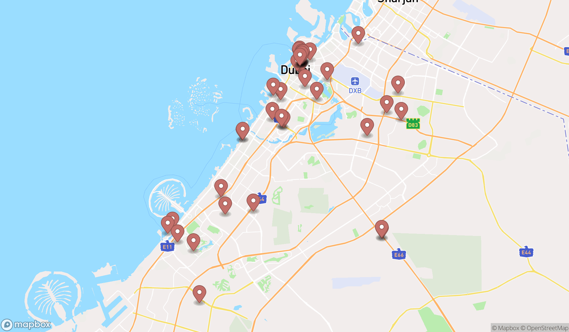 Map showing the search results in Dubai