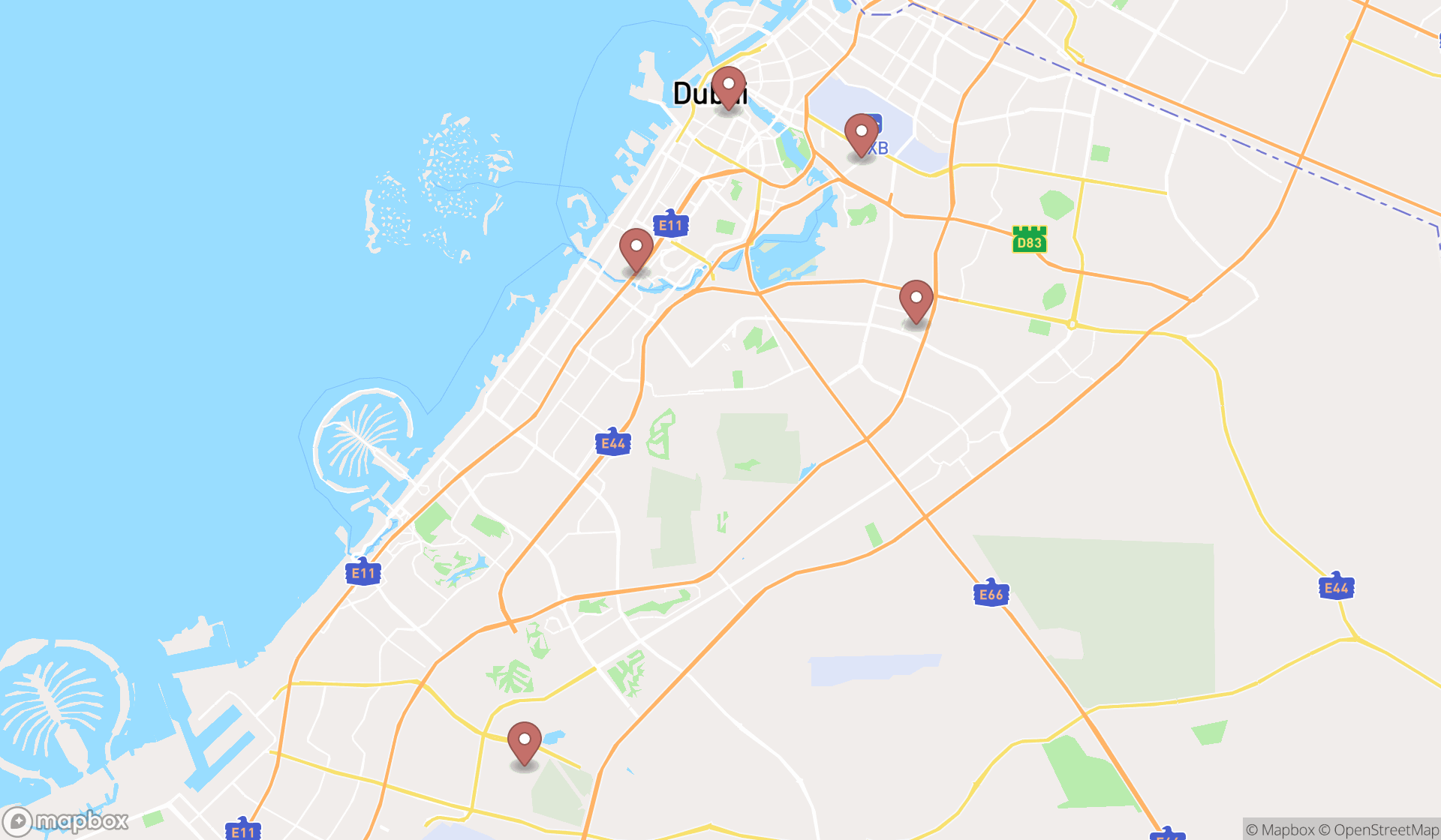 Map showing the search results in Dubai
