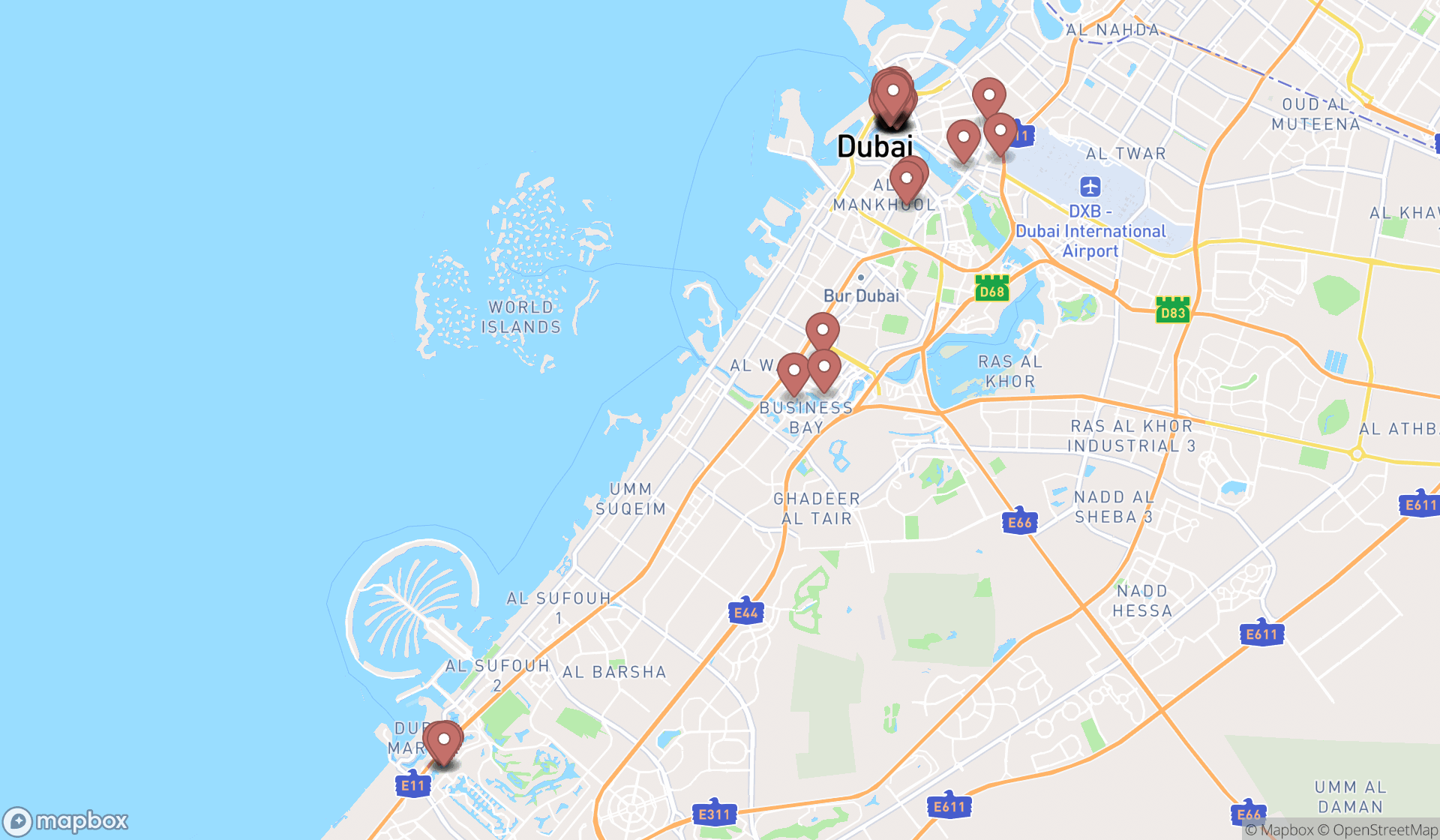 Map showing the search results in Dubai