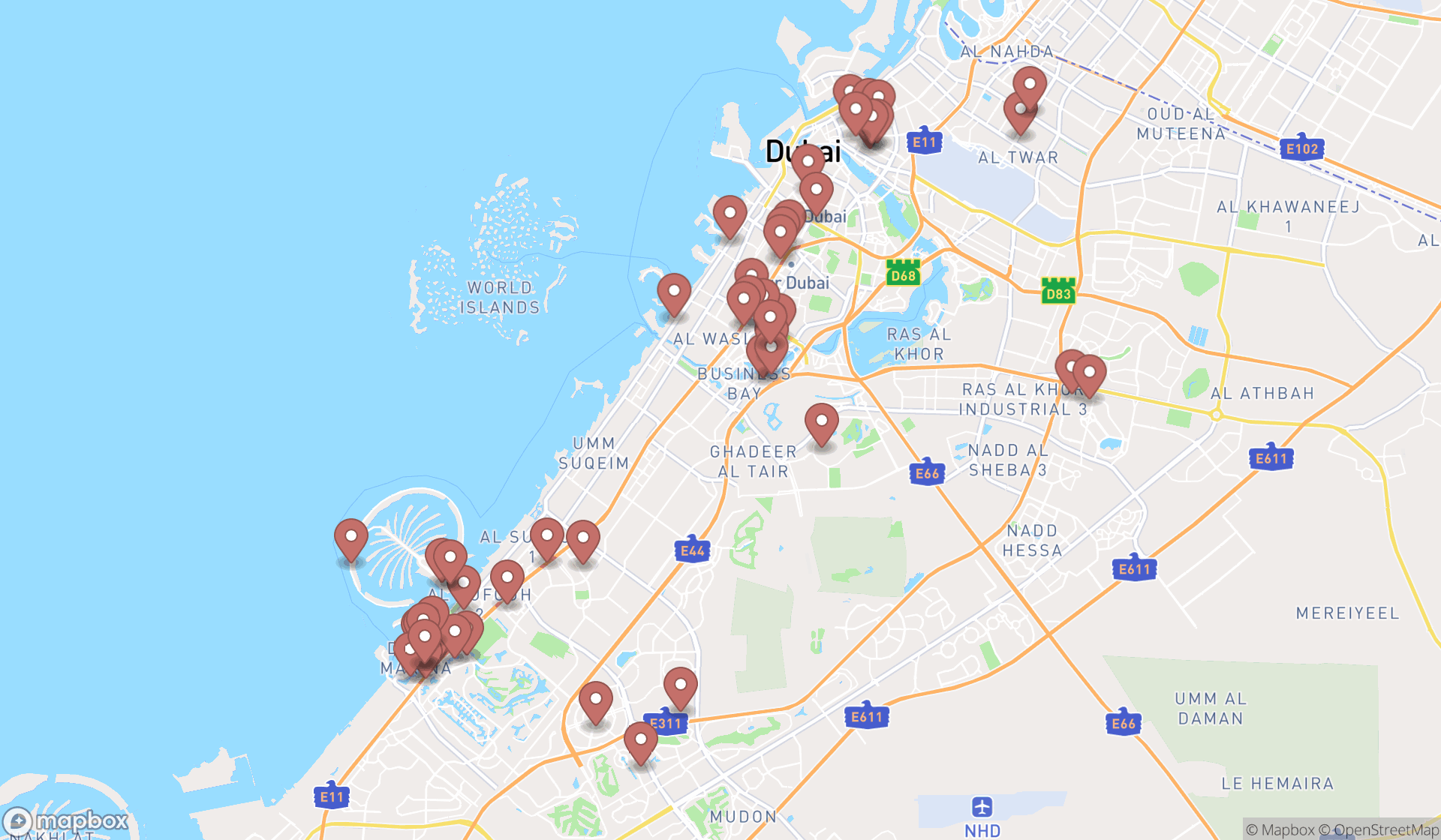 Map showing the search results in Dubai