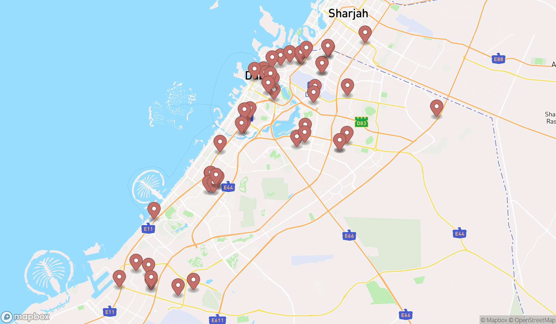 Map showing the search results in Dubai