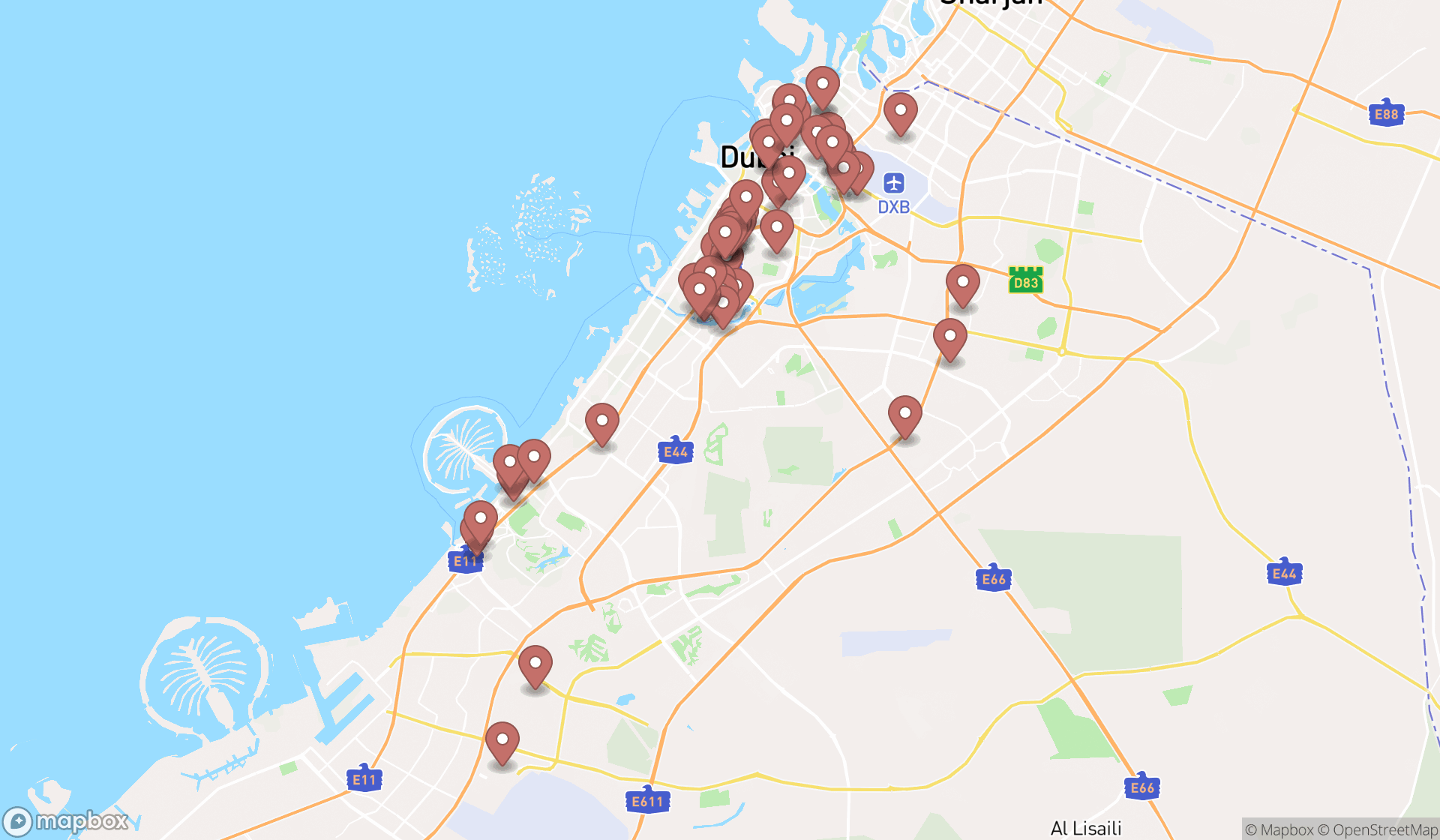Map showing the search results in Dubai